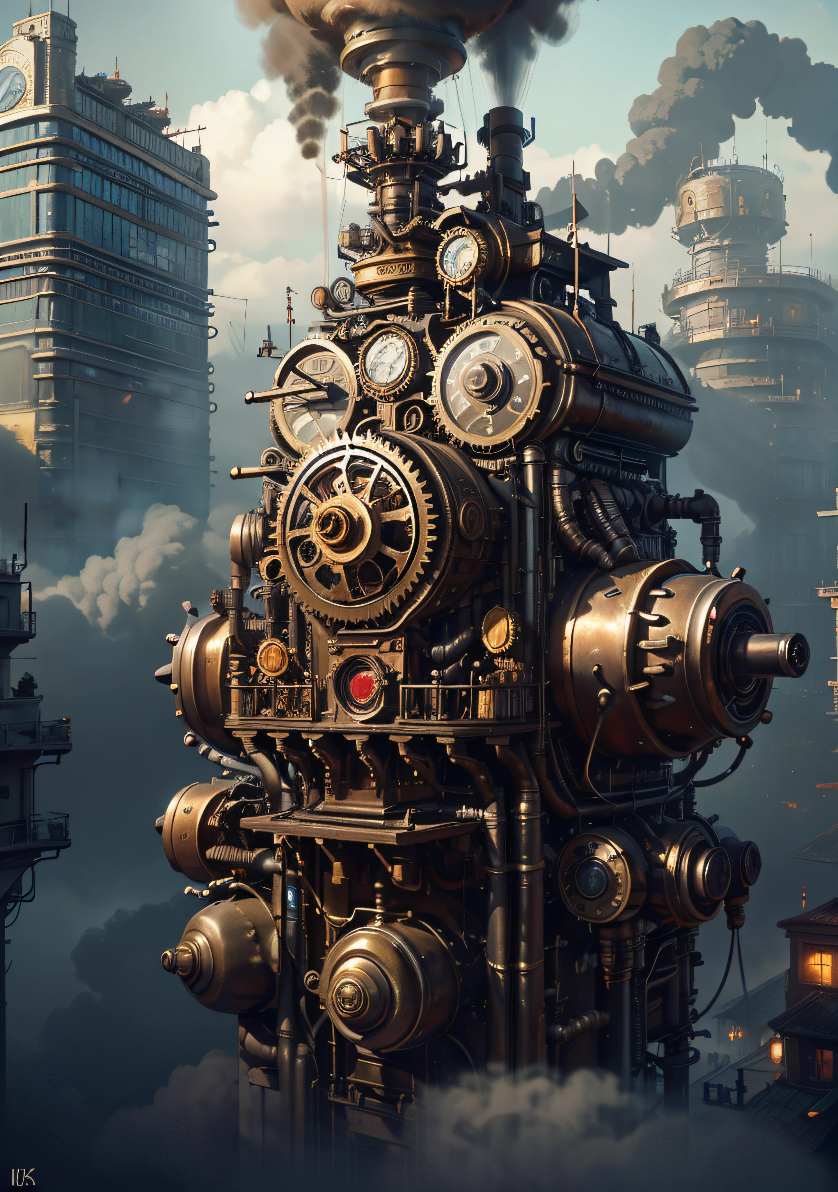 Steampunk city with a clock tower and a clock tower in the background ...