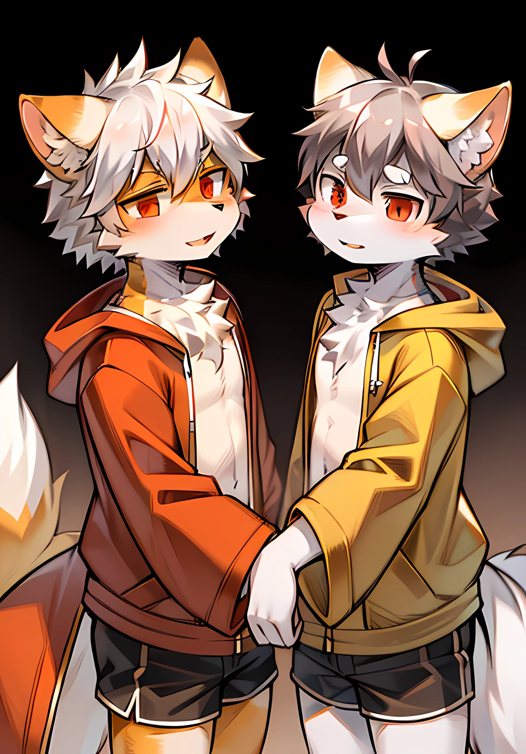 eyes with brightness,in a panoramic view,Character focus,独奏,shaggy,shaggy male,malefocus,anthr,(Full body fur,Fluffy tail,Off-white fur,Orange-red eyes,Gray hair,Orange coat,grey shorts:1.2)Shota,homosexuality,Double