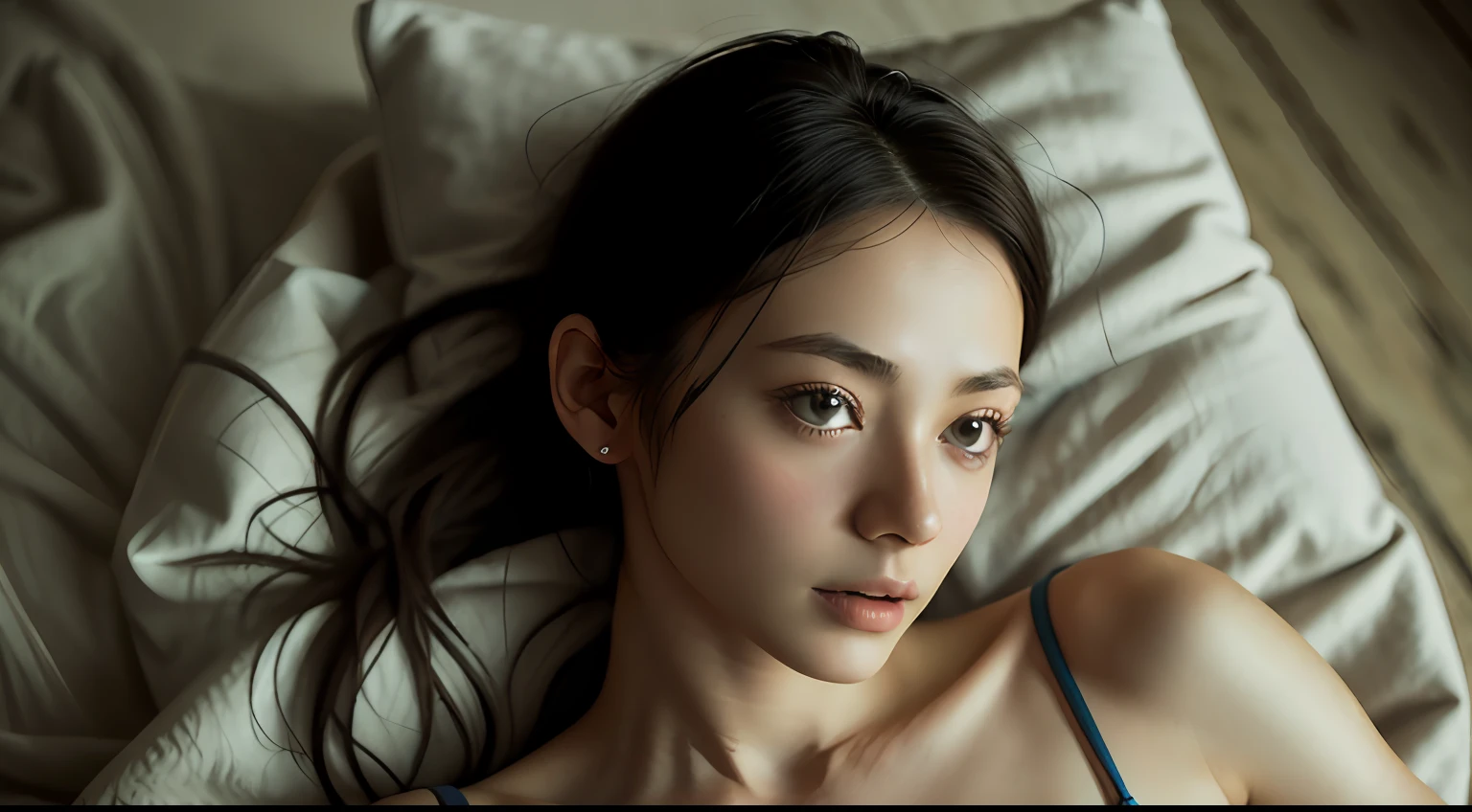 a photorealistic portrait of a stunningly beautiful woman without make-up, extremely detailed androgynous, very tiny, extremely detailed skin with skin pores, with her top off, very small undergarments, in tattered and ragged clothes, no clothes on the arms, no bra, no brassiere, Lying on a beach in front of the sea looking at the moon --auto