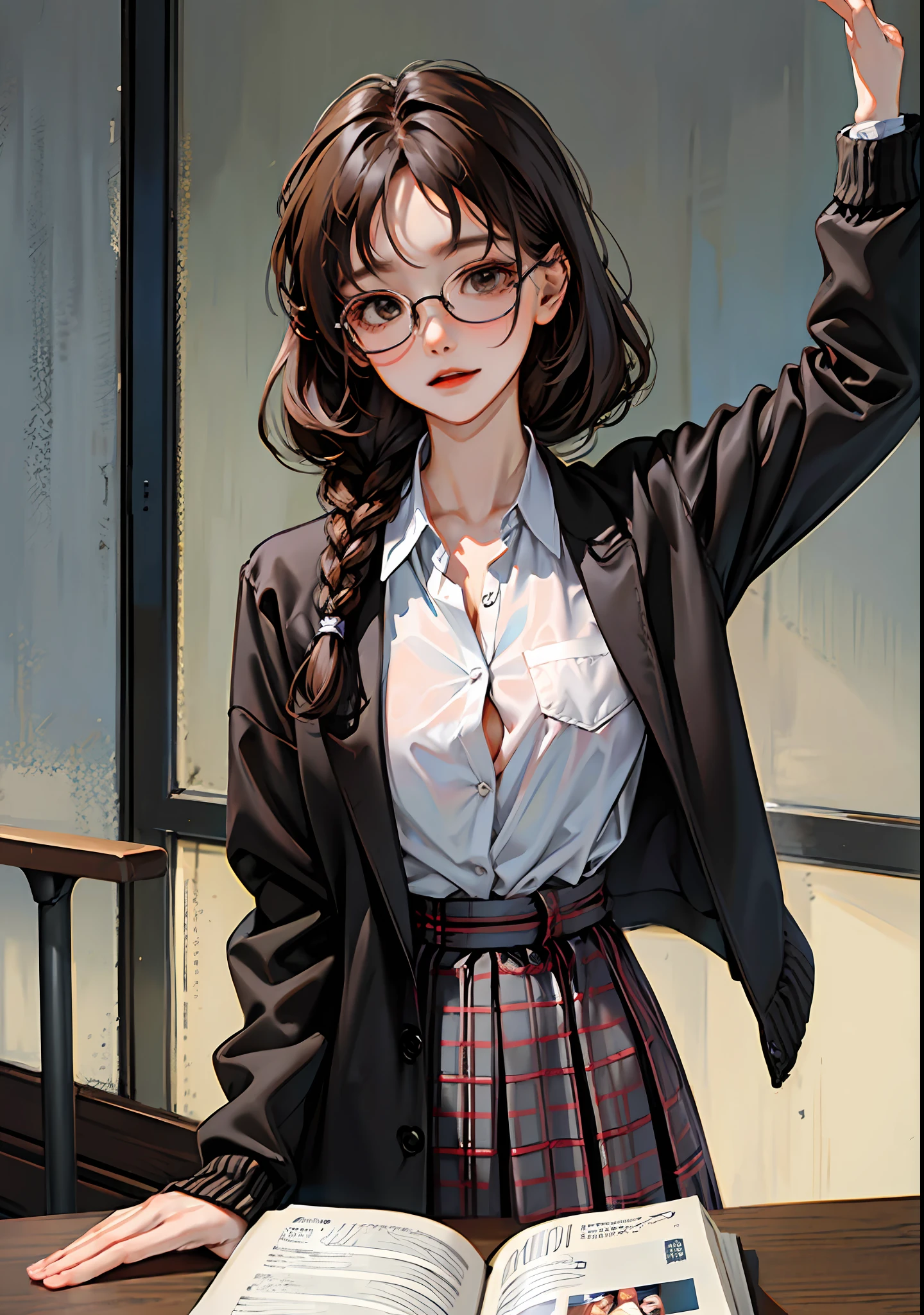 （8K，RAW photos，High light sensitivity，best qualtiy，Very delicate hair，tmasterpiece，超高分辨率，Fidelity：1.25）kr-pny，thin frame glasses，frontage，Double up braid，partedbangs，1girll，校服，Dark gray cardigan jacket，Dark gray blazer，pleatedskirt，Plaid skirts，brown  hair，huge tit，round frame glasses，looking at book，Shy and quiet girl，view from long distance，Hold the book，high school classroom