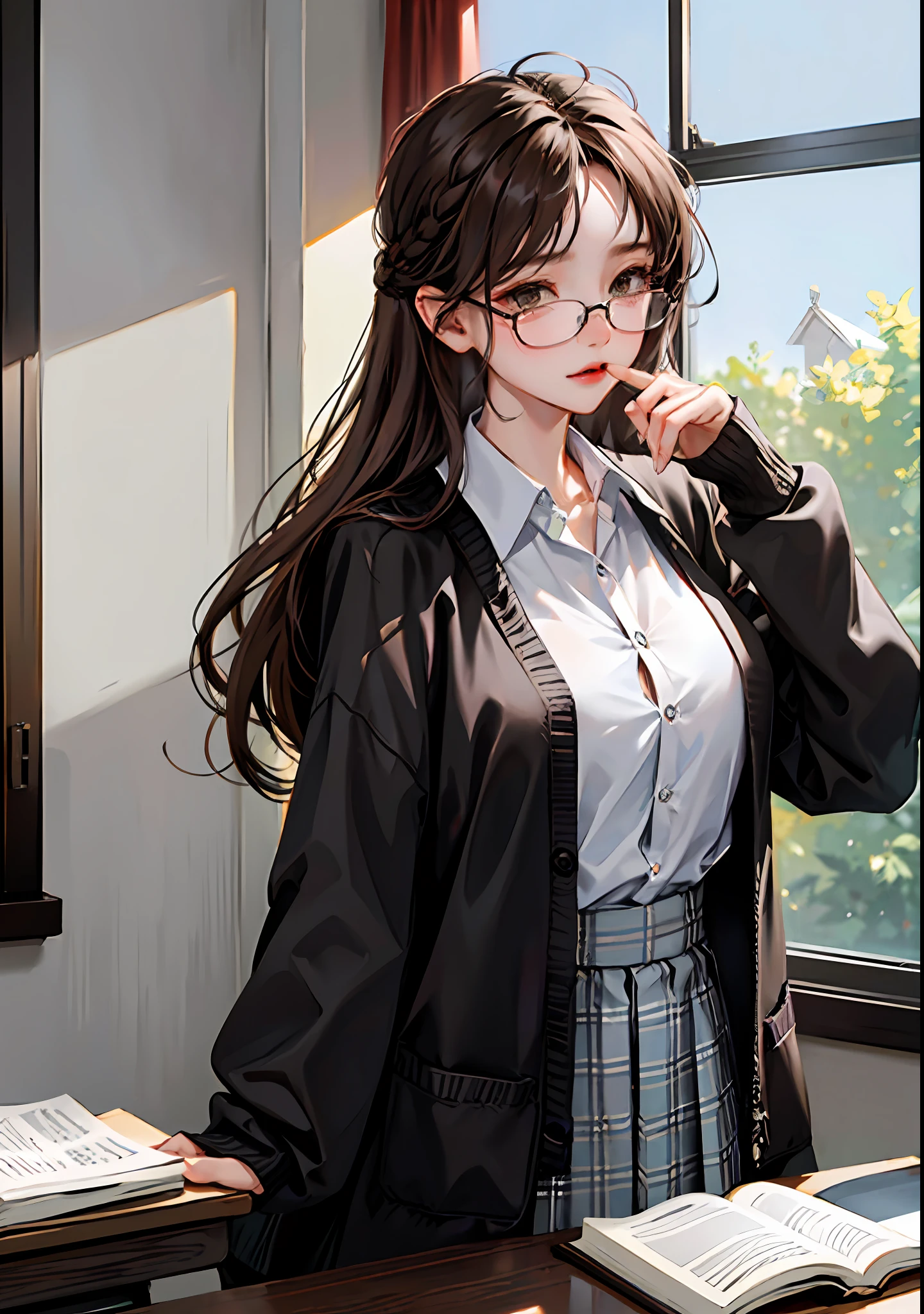 （8K，RAW photos，High light sensitivity，best qualtiy，Very delicate hair，tmasterpiece，超高分辨率，Fidelity：1.25）kr-pny，thin frame glasses，frontage，Double up braid，partedbangs，1girll，校服，Dark gray cardigan jacket，Dark gray blazer，pleatedskirt，Plaid skirts，brown  hair，huge tit，round frame glasses，looking at book，Shy and quiet girl，view from long distance，Hold the book，high school classroom