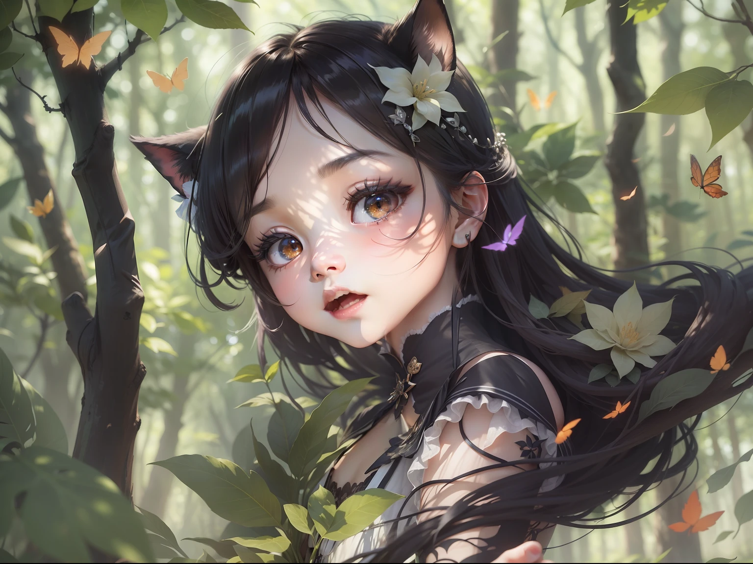 In an ancient forest,A sneaky little loli frolicks among the trees。Moonlight shone on her through the dense foliage,Illuminated her pale skin。Her eyes flashed playfully and cunningly,Conveys a mischievous and unique personality。
She wore a black lace dress,The skirt flutters gently,As if it were a ghostly being。Her hair was as black as night,Embellished with mysterious hair accessories,Exudes a charming charm。By her side,There is a small black cat,The tail is like a bolt of lightning,Inseparable from her。
She dances strangely gracefully through the trees,Leave a trail of light footprints。Her dancing moves are elegant and quirky,It's like talking to a soul in nature。She brings a mysterious atmosphere to this forest,It is impossible to predict her actions in the next moment。
Around her,Fluorescent bugs dot the entire scene,It creates a mysterious and dreamy light and shadow effect。A gentle breeze blows,Leaves rustled beside her,As if dancing happily with her playfulness。This little loli is full of fantasy and magic,Conveys her unique charm to everything around her。
The ghostly little loli is a charming and mysterious existence,She brings a fantastical atmosphere and an artistic style unlike any other。Her charm is fascinating,At the same time, it is full of mischievous and challenging fun。