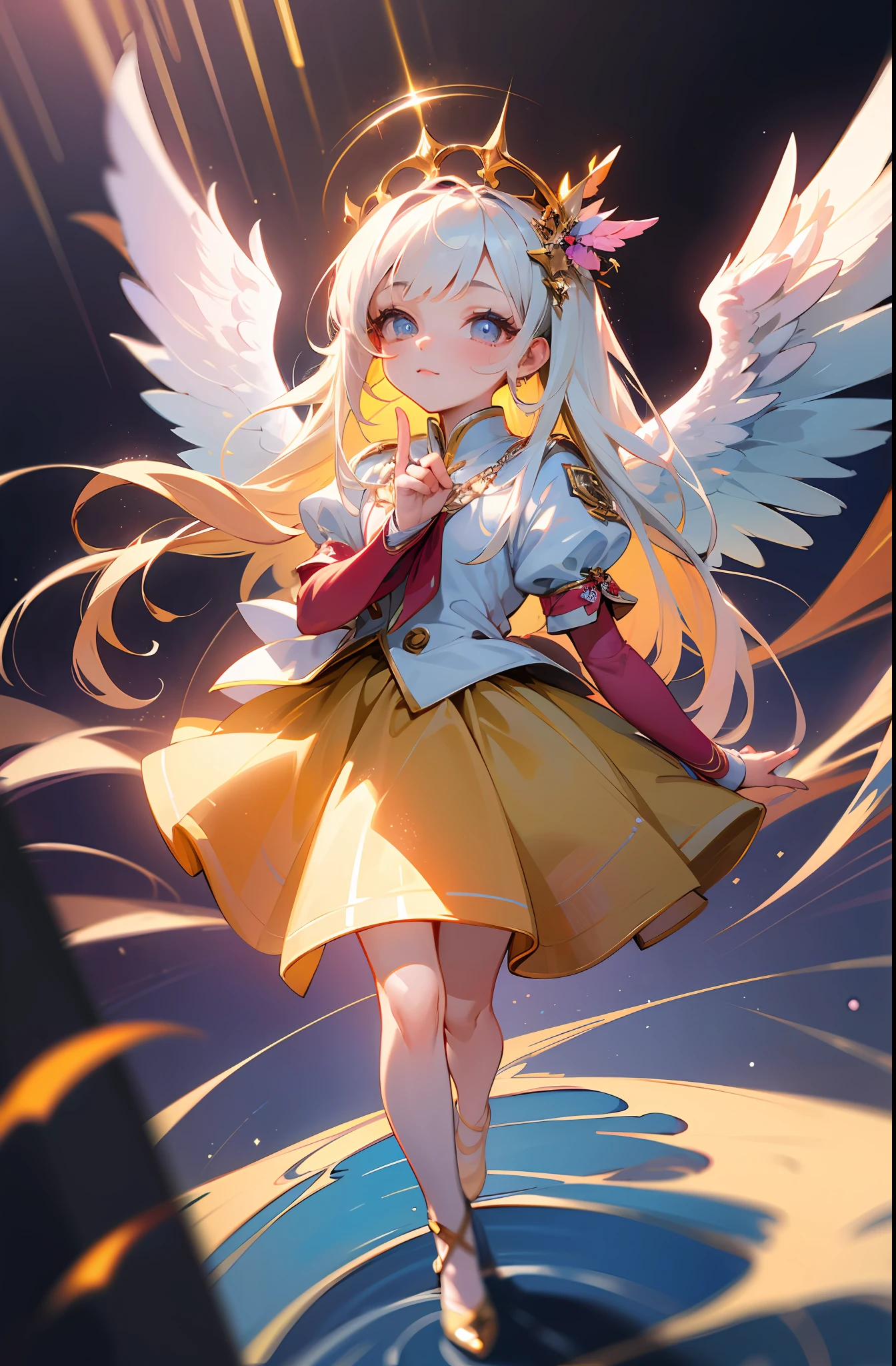 (Chibi: 1.3) (Masterpiece: 1.4), (Best Quality: 1.4), (Very Cute Angel Girl, Super Detailed Face, Jewel-like Eyes, White Very Long Hair, Colorful Gradient Hair: 1.4), (Angel Ring:
1.4), (Angel Wings: 1.4), (Full body, perfect 2 arms, perfect 2 legs: 1.4), Perfect 4 fingers: 1 thumb, light, shine, bokeh, super fine