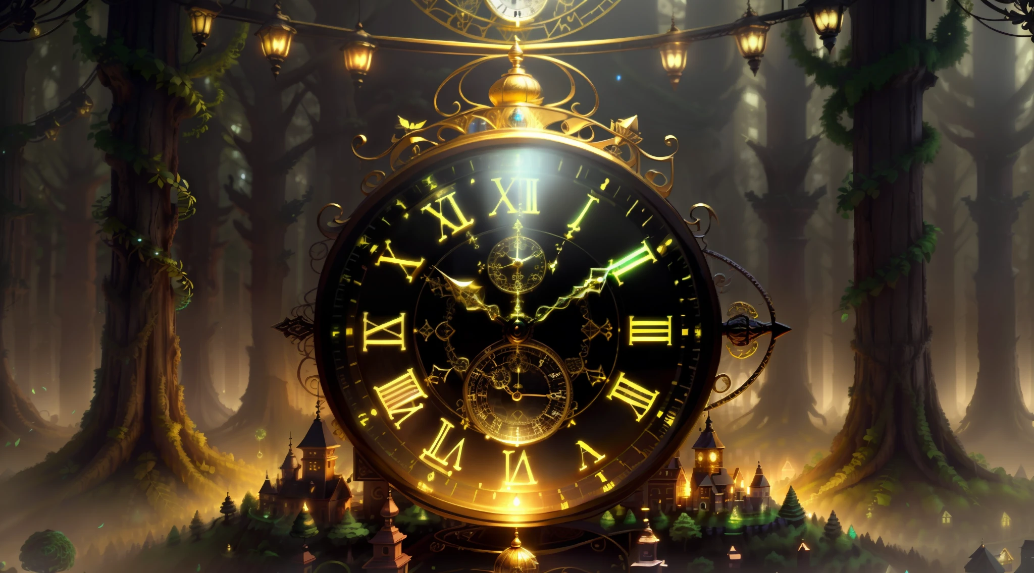 Photo of a large hand holding an antique gold watch (highes definition) (obra-prima) (ultra detalhado), A mini city under the clock, Small houses under the clock, smagia-fantasia-floresta, Arte Digital, most amazing art in the world, ((Sem humanos)), light volumetric, cores suaves equilibradas, forest scenario, videiras, UHD, render de octanas 8k, magia, Awesome, Ethereal, intrincado, design intrincado, Ultra sharp, Sombras, cores mais frias, trend in CGSociety, olhos brilhantes, ((melhor qualidade)), ((obra-prima)), (detalhado), antique clock