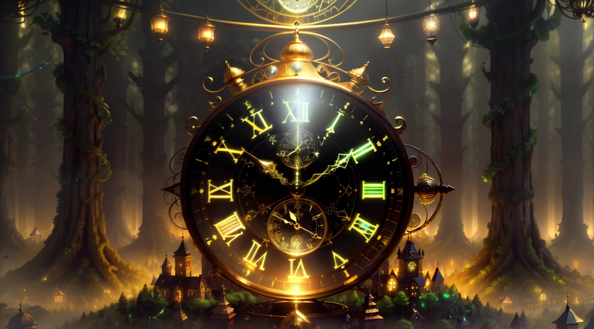Photo of a large hand holding an antique gold watch (highes definition) (obra-prima) (ultra detalhado), A mini city under the clock, Small houses under the clock, smagia-fantasia-floresta, Arte Digital, most amazing art in the world, ((Sem humanos)), light volumetric, cores suaves equilibradas, forest scenario, videiras, UHD, render de octanas 8k, magia, Awesome, Ethereal, intrincado, design intrincado, Ultra sharp, Sombras, cores mais frias, trend in CGSociety, olhos brilhantes, ((melhor qualidade)), ((obra-prima)), (detalhado), antique clock