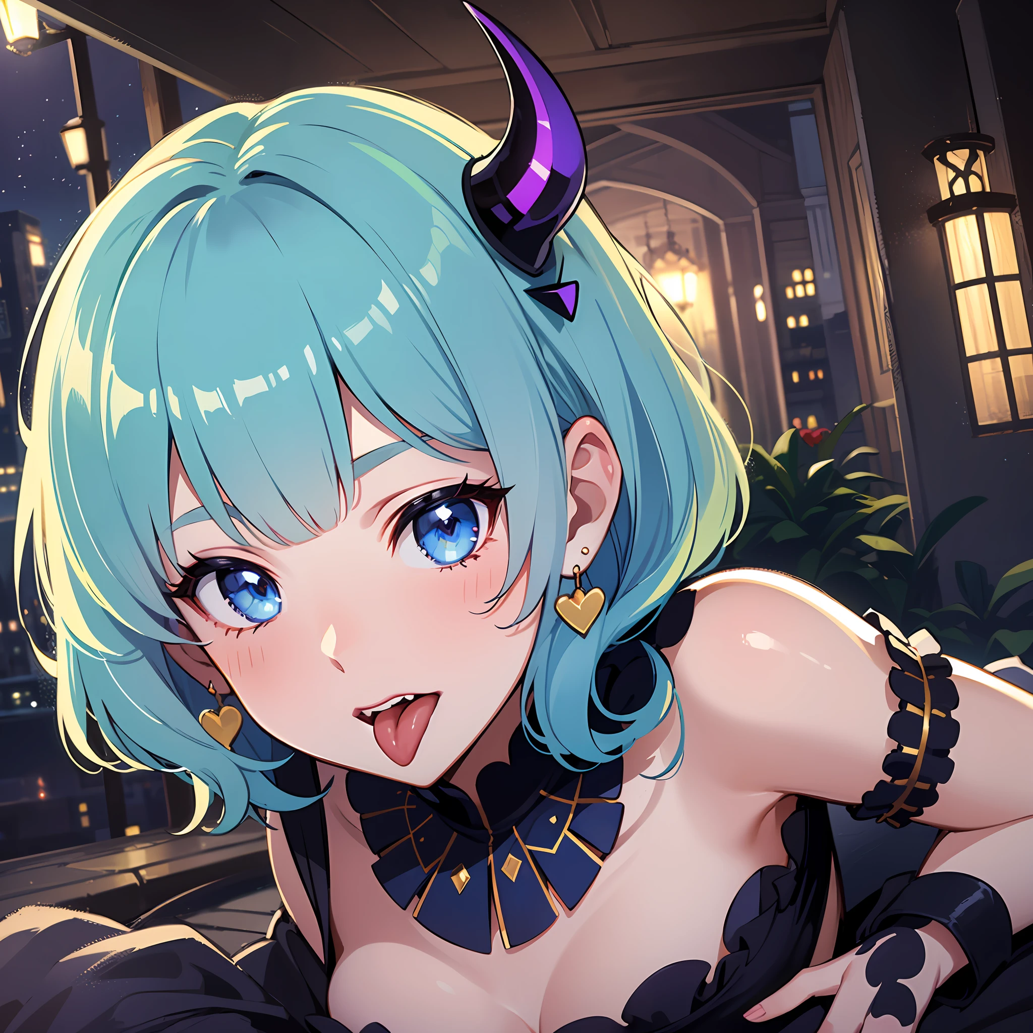 (masterpiece:1.3), (best quality:1.3), high resolution, 


couboy shot, 
leaning forward, body facing forward, 

(one cute girl:1.3), solo, 
white skin, small Breast, eight-headed person, 
light blue hair, (bobbed hair:1.2), short hair, (blunt bangs:1.2), beautiful hair, blue eyes, beautiful detailed eyes, 

(tongue out:1.3), heart, smug, 

devil king, earrings, 

outdoors, (night:1.2), night sky, castle of the demon king, 

shadowlighting,