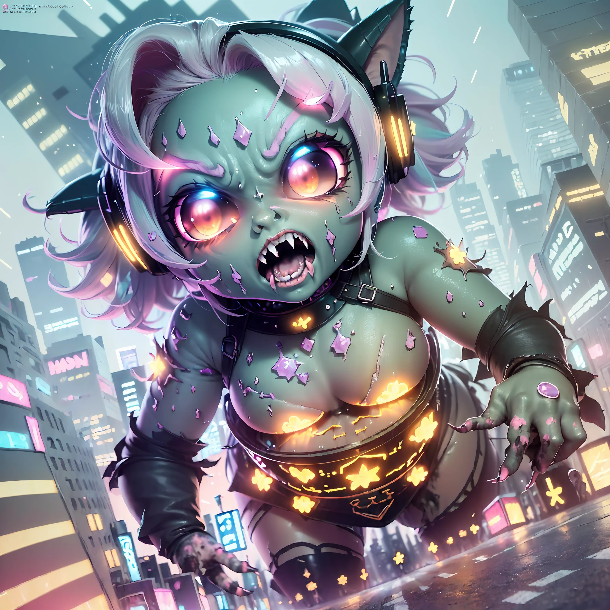 (award winning 8k official art:1.3) of (mad (giant zombie chibi gtsgiga), open mouth, monstrous, breaking:1.3), angry, kawaiitech, kawaii, cute colors, ferocious, good fingers, night, extremely detailed background, sweet, front, epic, (masterpiece:1.4), (best quality:1.4), Amazing, beautiful, finely detailed, (Depth of field:1.4), extremely detailed 8k, stunning, (light reflections:0.5), (crisp:1.5), red twin tails, vibrant, (edge detection:1.2), absurdres, impressive, 120mm, clear, powerful