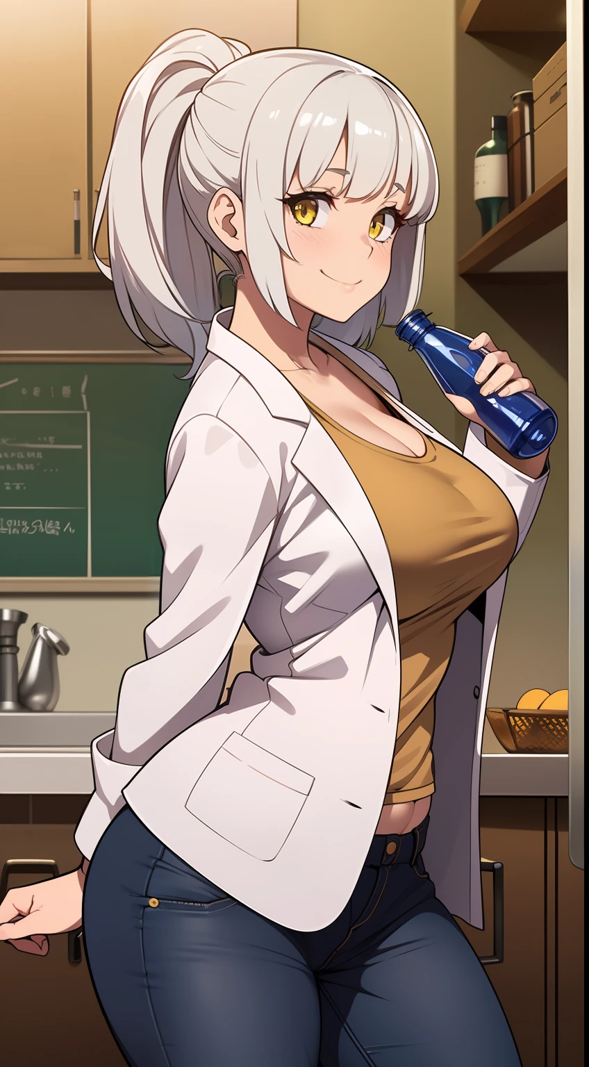(((kipteitei art))), Masterpiece, high quality, best quality, beautiful, HD, perfect lighting, detailed face, detailed body, ((1girl)), ((solo)), ((silver hair)), medium hair, ponytail, (messy hair), yellow eyes, looking at viewer, smile, (excited), happy, back shirt, jeans, (lab coat), medium breasts, perky breasts, wide hips, thick thighs, ((lab)), she hold the empty bottle, leaning against counter