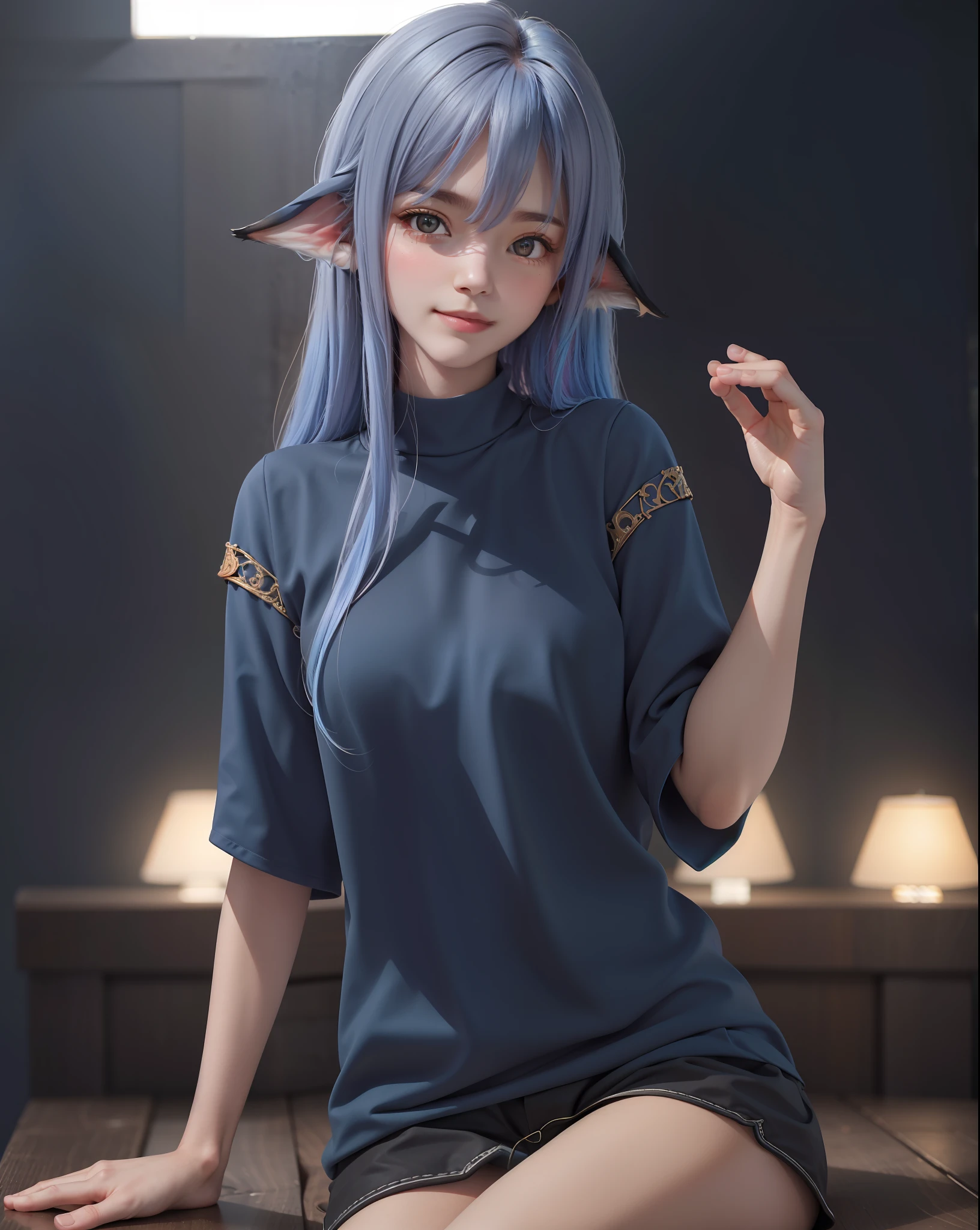 Best quality, Super hi,It's nothing, photoreaslistic, a photography of a beautiful girl, (PureErosFace_V1:0.45), Seductive smile, (Blush:1.2), Detailed face, (Masterpiece, Best quality, Intricate details, hyper-detailing, hyper qualit, A high resolution, Best shadow, Best illumination, 4K) the Lion, Fish ears, Small breasts:1.8, flatchest:1, , Red eyes, Detailed background, Warm lighting, Colorful:1.5 Perspectives, (((Depth of field))), Pale and Lustrous Skin, Random pose, Random background, Blue hair,Wear black shorts