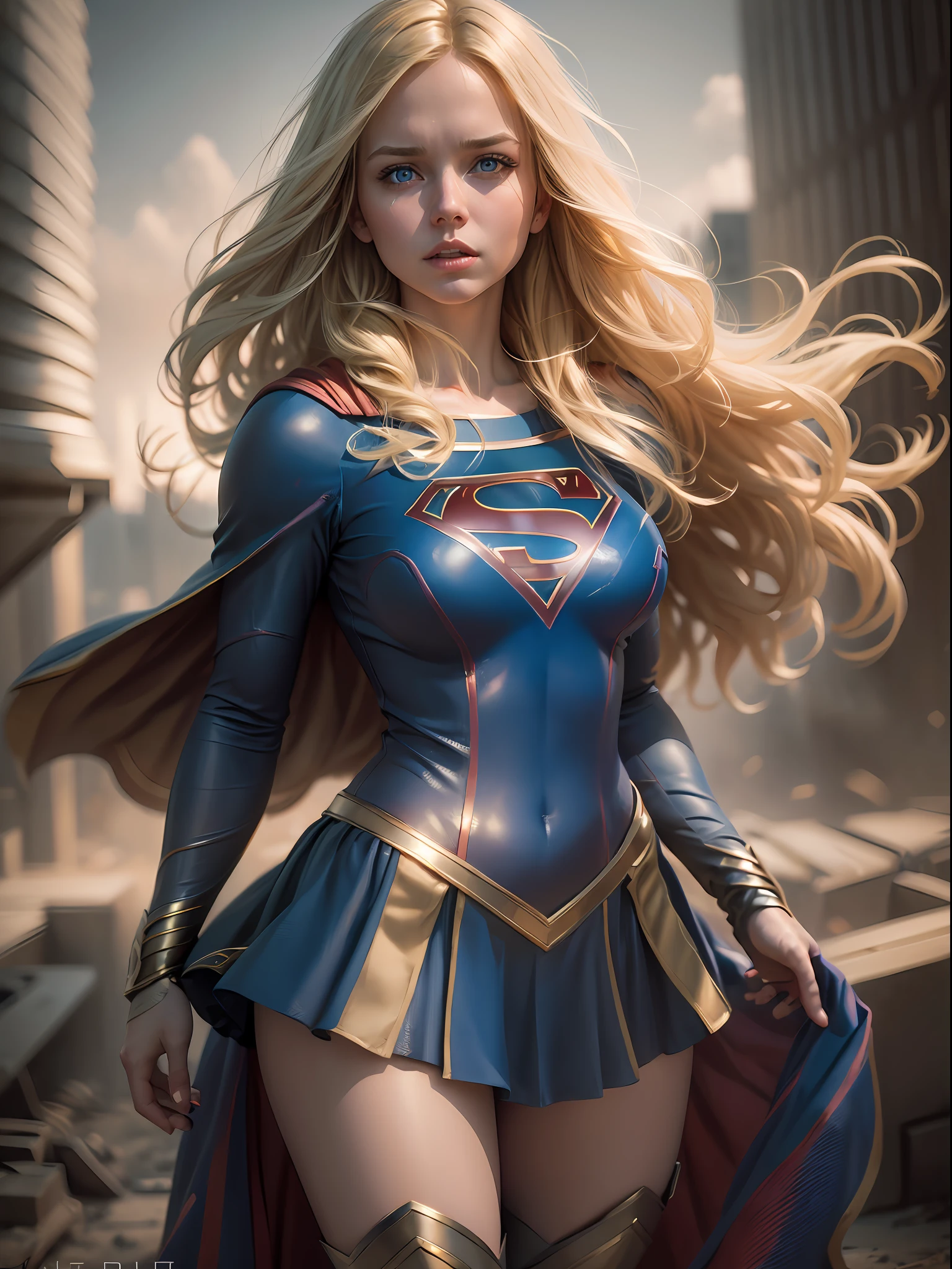 supergirl, blue eyes, blonde hair, long hair, cape, superhero, skirt, boots, (blonde girl:1.5), (breast focus:1.2), (realistic:1.2), (atmospheric perspective:1.2), (realism:1.2), (masterpiece:1.2), (best quality), (ultra detailed), (8k, intricate), (85mm), light particles, lighting, (highly detailed:1.2), (detailed face:1.5), (gradients), sfw, colorful, (detailed eyes:1.5), (detailed background), (dynamic angle:1.2), (dynamic pose:1.2), (rule of third_composition:1.3), (Line of action:1.2), wide shot, daylight, solo.