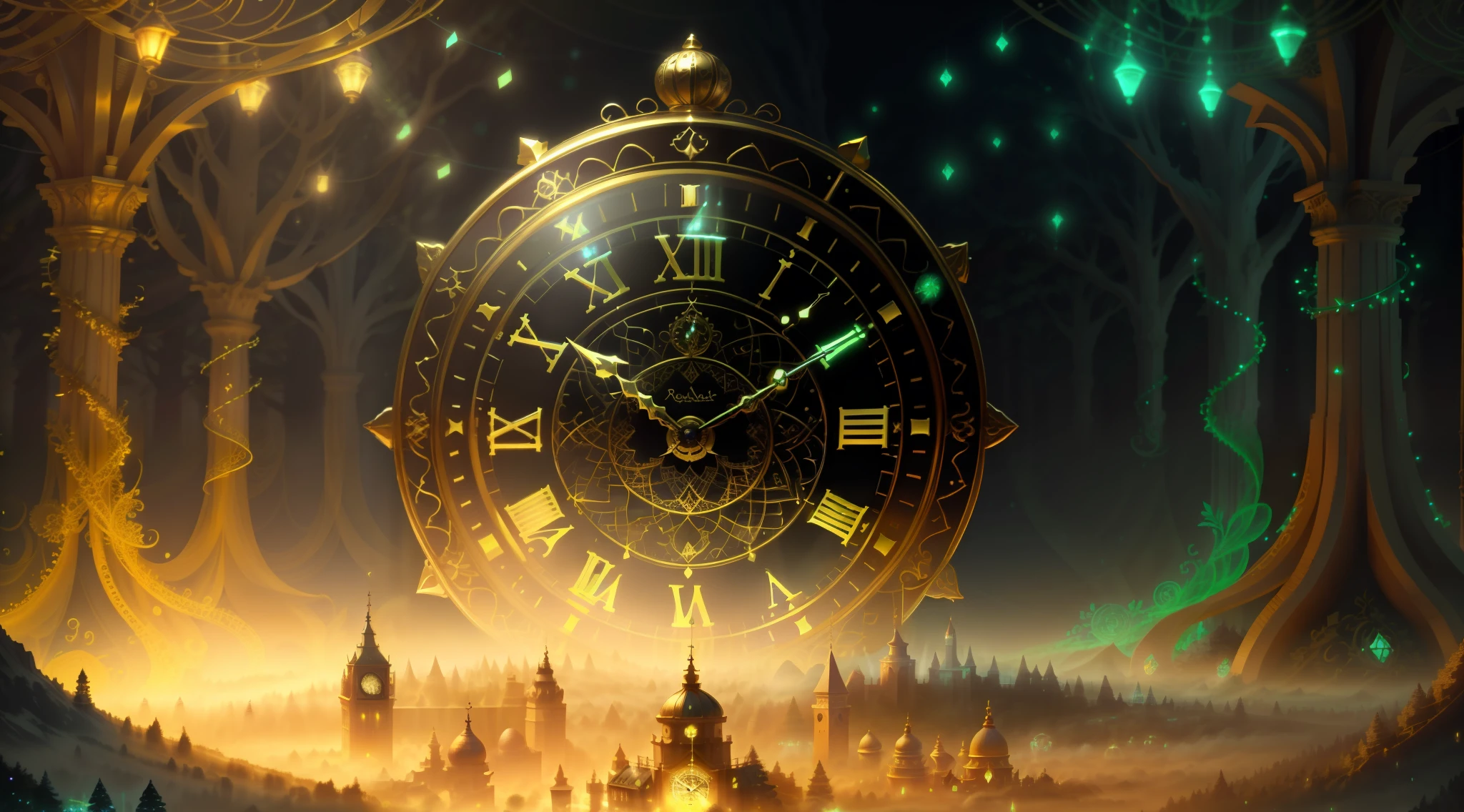 Photo of a large hand holding an antique gold watch (highes definition) (obra-prima) (ultra detalhado), A mini city under the clock, magia-fantasia-floresta, Arte Digital, most amazing art in the world, ((Sem humanos)), light volumetric, cores suaves equilibradas, forest scenario, videiras, UHD, render de octanas 8k, Magia, Awesome, Ethereal, intrincado, design intrincado, Ultra sharp, Sombras, cores mais frias, trend in CGSociety, olhos brilhantes, ((melhor qualidade)), ((obra-prima)), (detalhado), antique clock