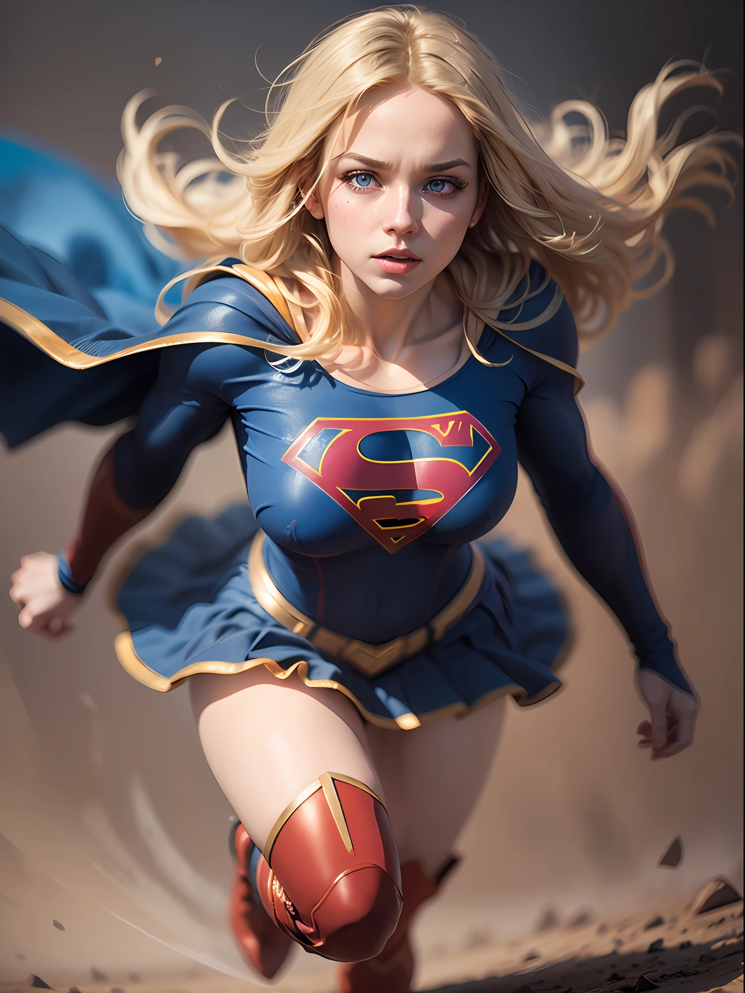 supergirl, blue eyes, blonde hair, long hair, cape, superhero, skirt, boots, (blonde girl:1.5), (breast focus:1.2), (realistic:1.2), (atmospheric perspective:1.2), (realism:1.2), (masterpiece:1.2), (best quality), (ultra detailed), (8k, intricate), (85mm), light particles, lighting, (highly detailed:1.2), (detailed face:1.5), (gradients), sfw, colorful, (detailed eyes:1.5), (detailed background), (dynamic angle:1.2), (dynamic pose:1.2), (rule of third_composition:1.3), (Line of action:1.2), wide shot, daylight, solo.