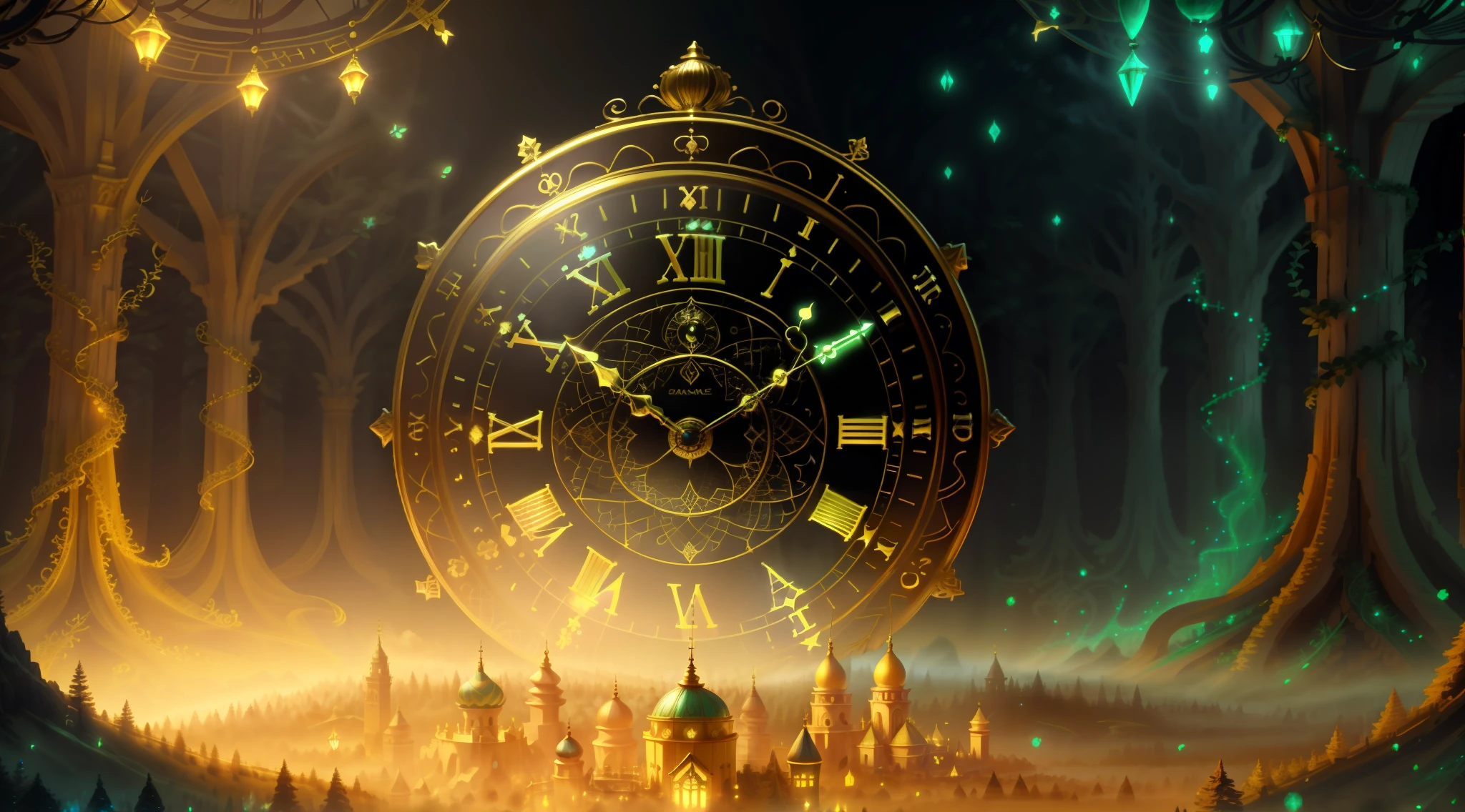 Photo of a large hand holding an antique gold watch  (highes definition) (obra-prima) (ultra detalhado), A mini city under the clock, magia-fantasia-floresta, Arte Digital, most amazing art in the world, ((Sem humanos)), light volumetric, cores suaves equilibradas, forest scenario, videiras, UHD, render de octanas 8k, Magia, Awesome, Ethereal, intrincado, design intrincado, Ultra sharp, Sombras, cores mais frias, trend in CGSociety, olhos brilhantes, ((melhor qualidade)), ((obra-prima)), (detalhado), antique clock
