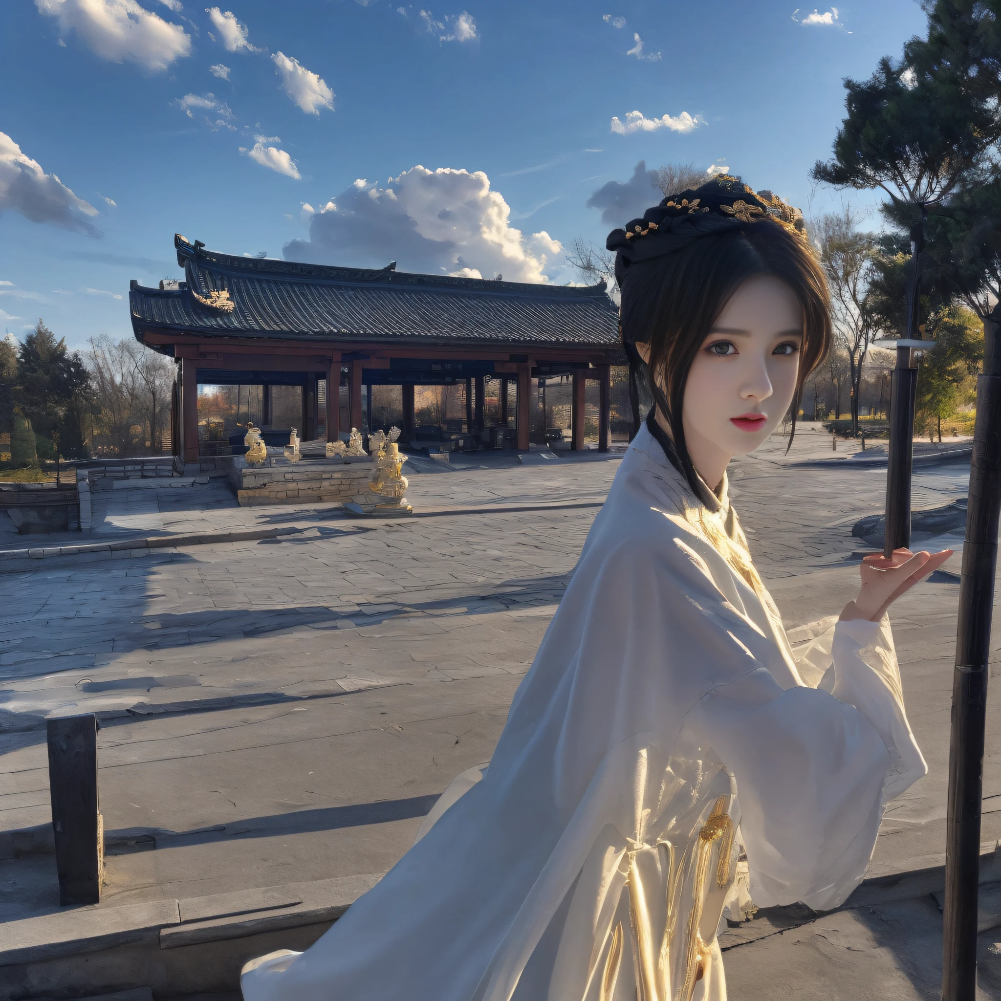 (巨作:1.3), (8K, Photorealistic, OriginalPhoto, Best quality: 1.4), (1girl huge large breasts), Beautiful face, (Realistic face), (Black hair, Short hair:1.3), Nice hairstyle，realisticeyes，Nice detail eyes，（Realistic skin），Beautiful skins，（Sweaters），absurd res，enticing，superhighresolution，Ultra photo realsisim，abundantly detailed，the golden ratio，atlantean，big breast beauty，Yue Wang Gou Jian sword，martial，Aerocoagulation，Blow flowers，Flying snow，Best quality, Master, A high resolution, Wuxia 1 girl,Delicate sheer gauze garment，Delicate sheer gauze dress, Super beautiful face, super beautiful eye, Super beautiful hair Super beautiful face，Super beautiful eyes，Super beautiful hair，Cloud sideburns，Best quality, Master, A high resolution, Wuxia 1 girl,Delicate sheer gauze garment，Untie wide clothes，Naked，Delicate sheer gauze dress, Super beautiful face, super beautiful eye, Super beautiful hair Super beautiful face，Super beautiful eyes，Super beautiful hair，Cloud sideburns，Golden sky，The floor is covered with gold bricks，Square gold bricks，The floor is as flat as a mirror，A pool of sands paved with sands，There are no walls，Colorful lotus，People in the sky，With five Buddha crowns，Golden sky，Golden Onyx，Golden marble，Golden architecture，A lotus flower as big as a wheel，Yellow，Red，Violet light，White light，blueglow，Golden canopy，A rain of petals fell from the sky，