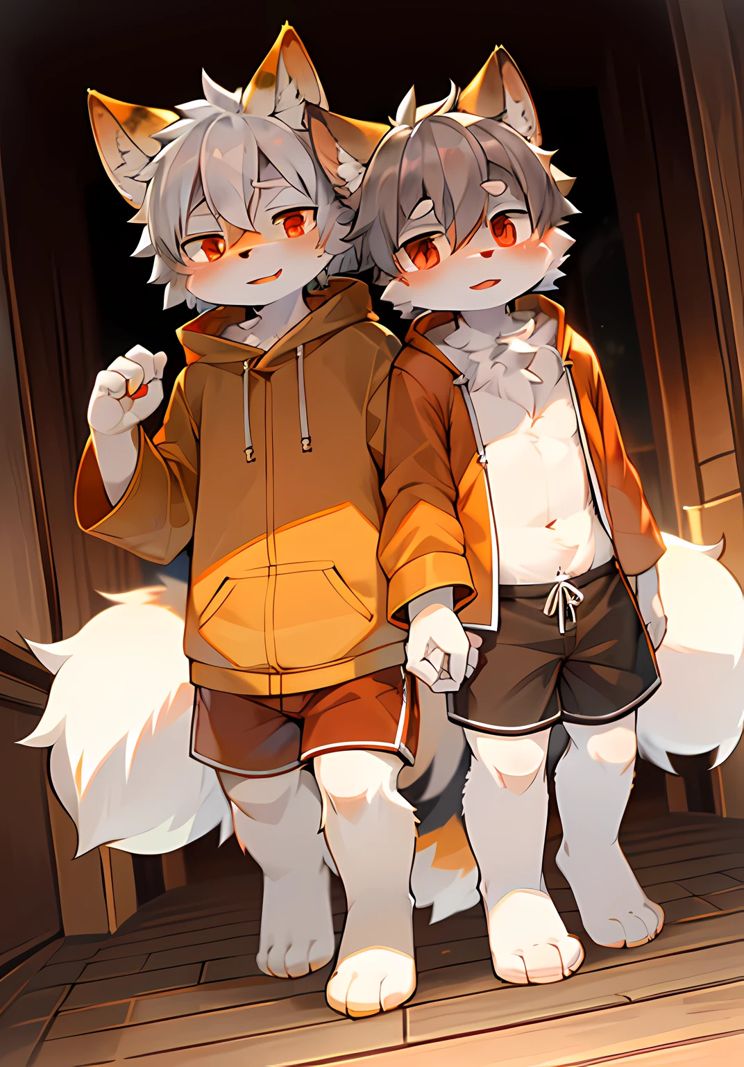 eyes with brightness,in a panoramic view,Character focus,独奏,shaggy,shaggy male,malefocus,anthr,(Full body fur,Fluffy tail,Off-white fur,Orange-red eyes,Gray hair,Orange coat,grey shorts:1.2)Shota,homosexuality,Double