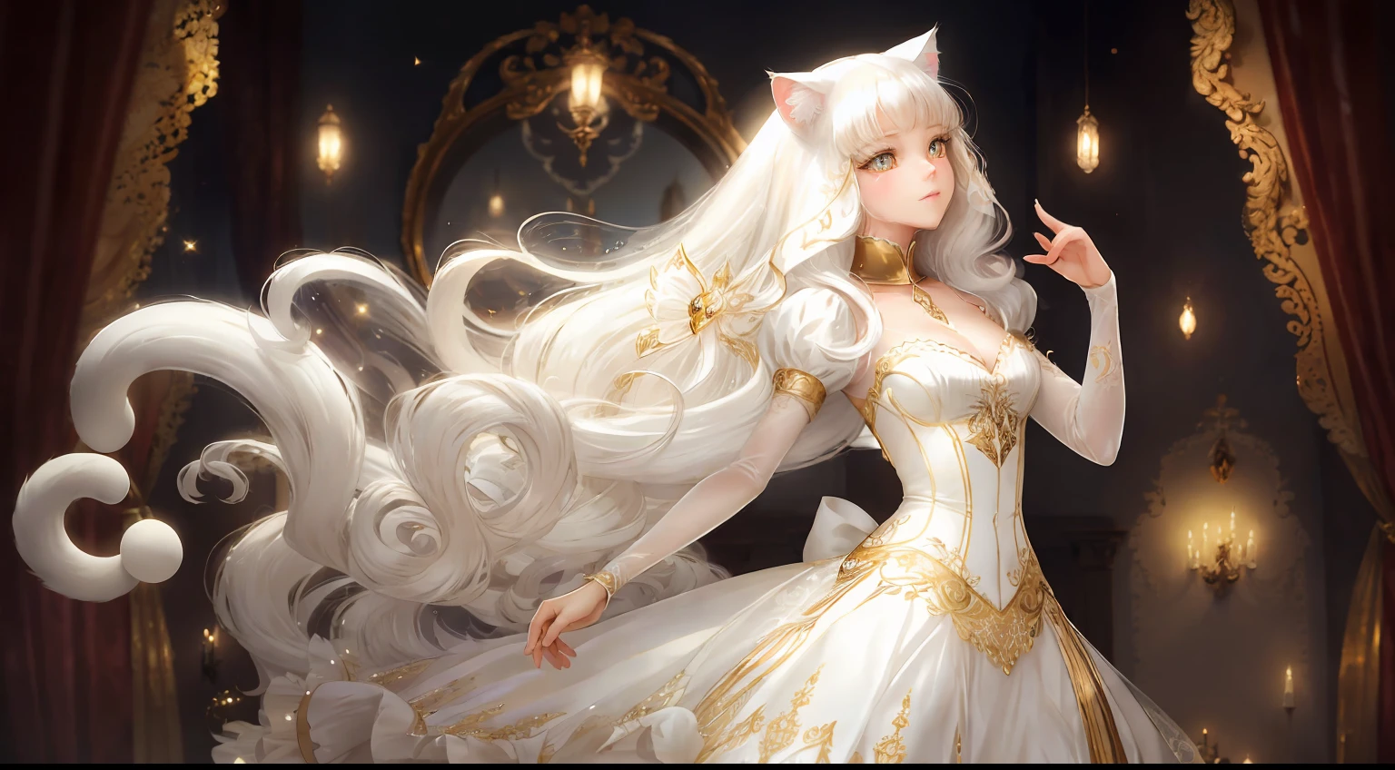 Cats become people，adolable，white cat，long whitr hair，Golden eyes，Look up，dances，tension，Raised sexy，1Beautifulwoman，full bodyesbian，Need，See-through installation，Need，tmasterpiece，The is very detailed，ellegance，romanticism lain