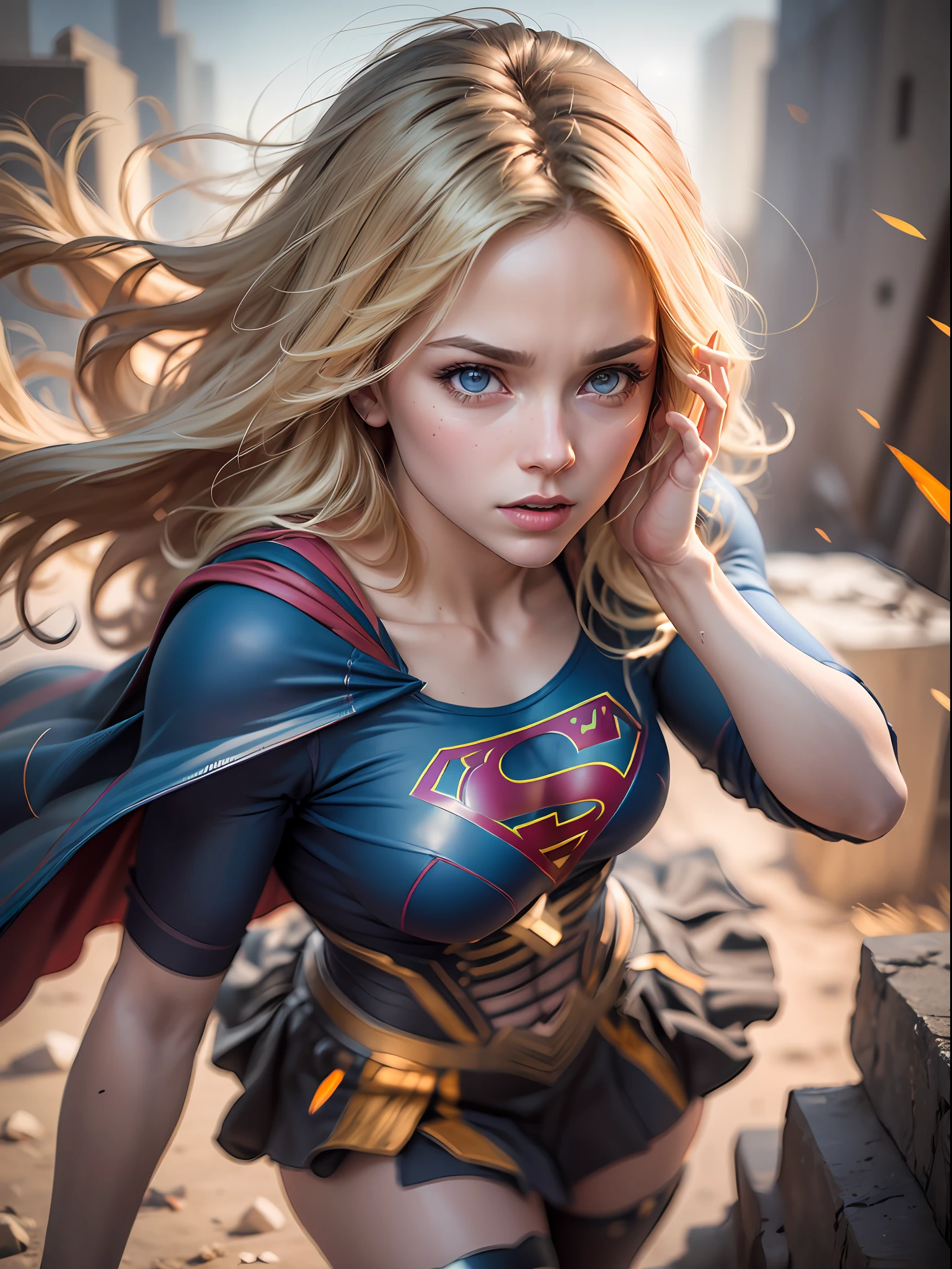 supergirl, blue eyes, blonde hair, long hair, cape, superhero, skirt, boots, (blonde girl:1.5), (breast focus:1.2), (realistic:1.2), (extreme close-up:1.2), (realism:1.2), (masterpiece:1.2), (best quality), (ultra detailed), (8k, intricate), (85mm), light particles, lighting, (highly detailed:1.2), (detailed face:1.5), (gradients), sfw, colorful, (detailed eyes:1.5), (detailed background), (dynamic angle:1.2), (dynamic pose:1.2), (rule of third_composition:1.3), (Line of action:1.2), wide shot, daylight, solo.