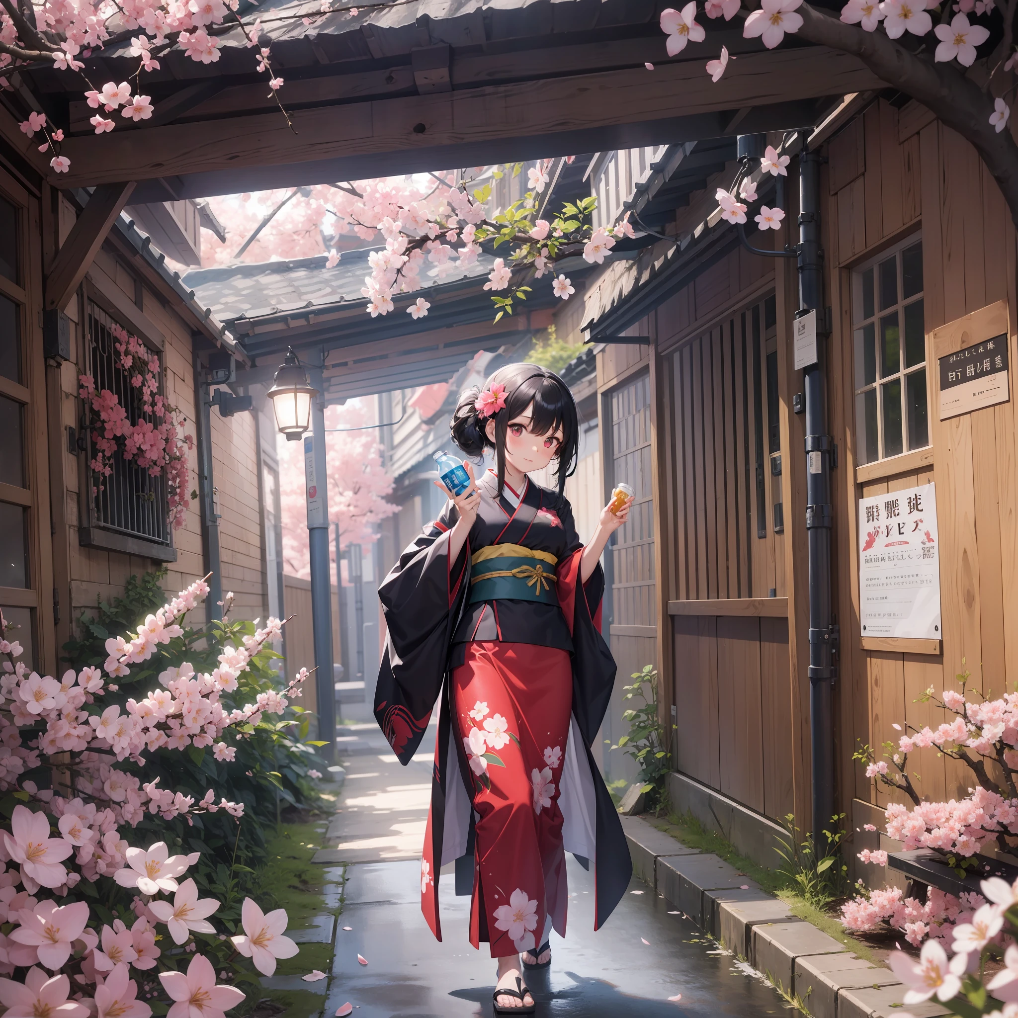 Top image quality Original Characters、Volume Lighting、Black Long Hair、Large plastic bottle in hand、Summer kimono、cyborgs、Cherry blossoms blooming in the underground dungeon