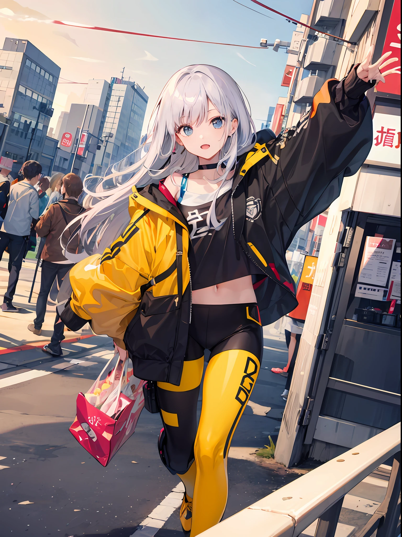 femele,Navel clothes,,Fashionable,high-level image quality,The background is a city typical of Tokyo,firmament,​​clouds,Clothes that are too sloppy to be reached