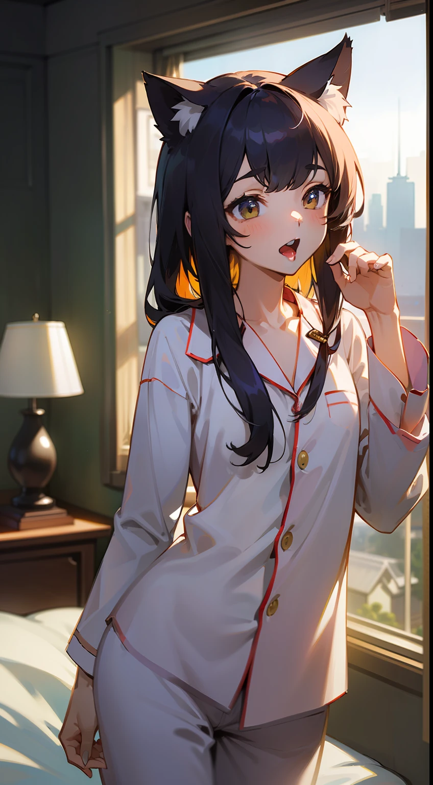 ((Master masterpiece)), ((Top image quality)), illustratio, The girls１Guys, Hair color, Bangs, Hairstyle Fax,cat ear、 slender、constricted hips、((Smaller chest))、Simple pajamas、waking up、Yawning on the bed、The morning sun is shining through the window、Behind the window are buildings、Deserted room、