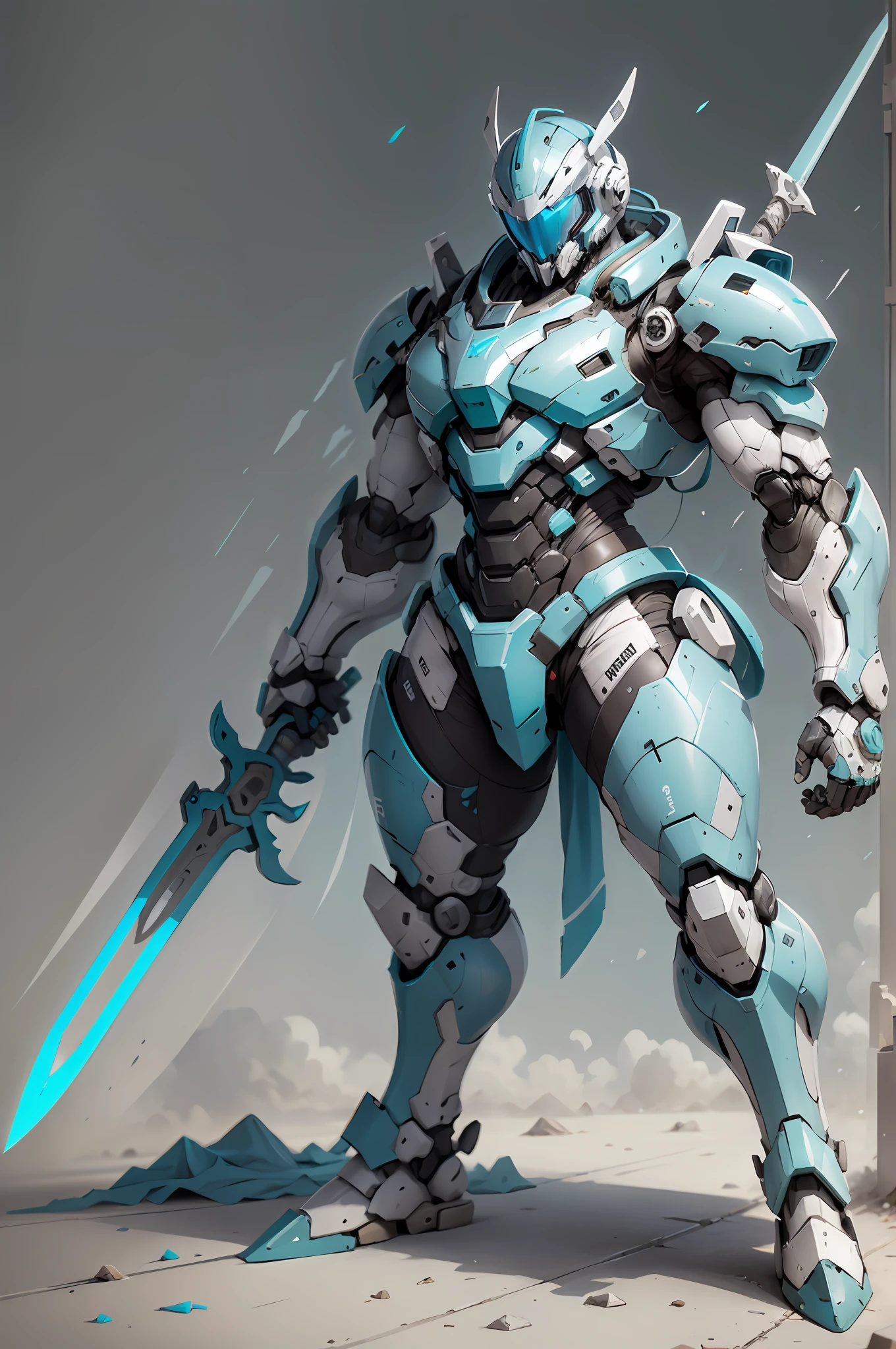 Teal and white theme，Cyan and white background，Tall mech，Blue-white mech，High-tech helmet，Simple appearance，muscular plump，holding a longsword，Aggressive posture