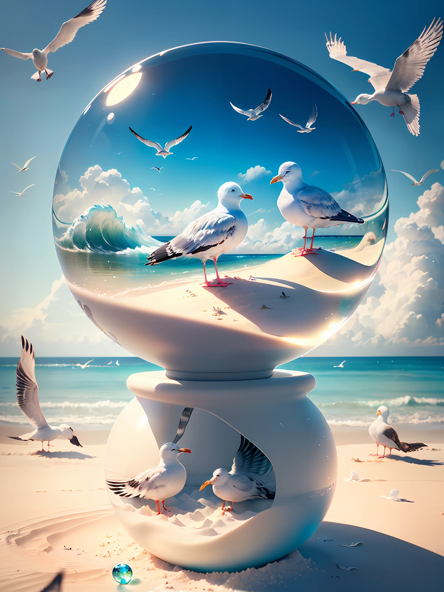 Hyper-realistic、16K High Resolution、(Maximum Sharp Focus:1.3)、(Maximum Close-up:1.5)、(Seagulls trapped in a crystal ball with a pedestal on a table:1.4)、(White sand、Blue Wave、White fog、black clouds:1.4)、(Out-of-focus background:1.5)
