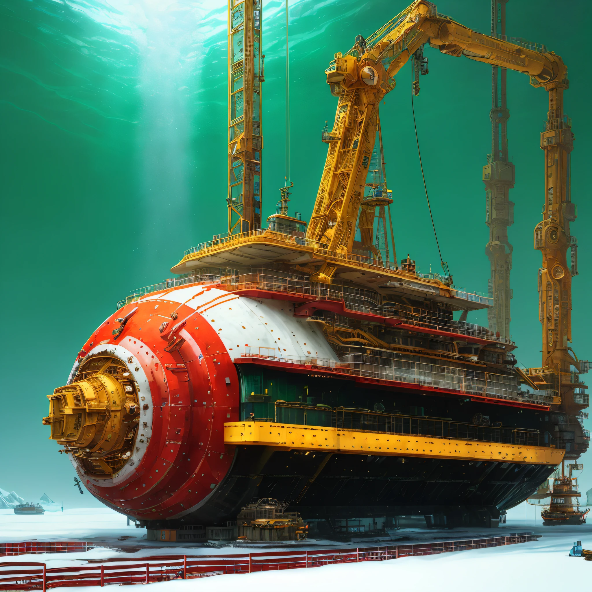 ocean floor,There is a huge red and yellow object on the snow, giant submarine, author:Mike Winckelman, alexey egorov, industrial futuristic ice mine, Rolands Zilvinskis 3D rendering art, author:Alexander Kucharisky, under water deep sea laboratory, highly realistic concept art, in the art style of filip hodas