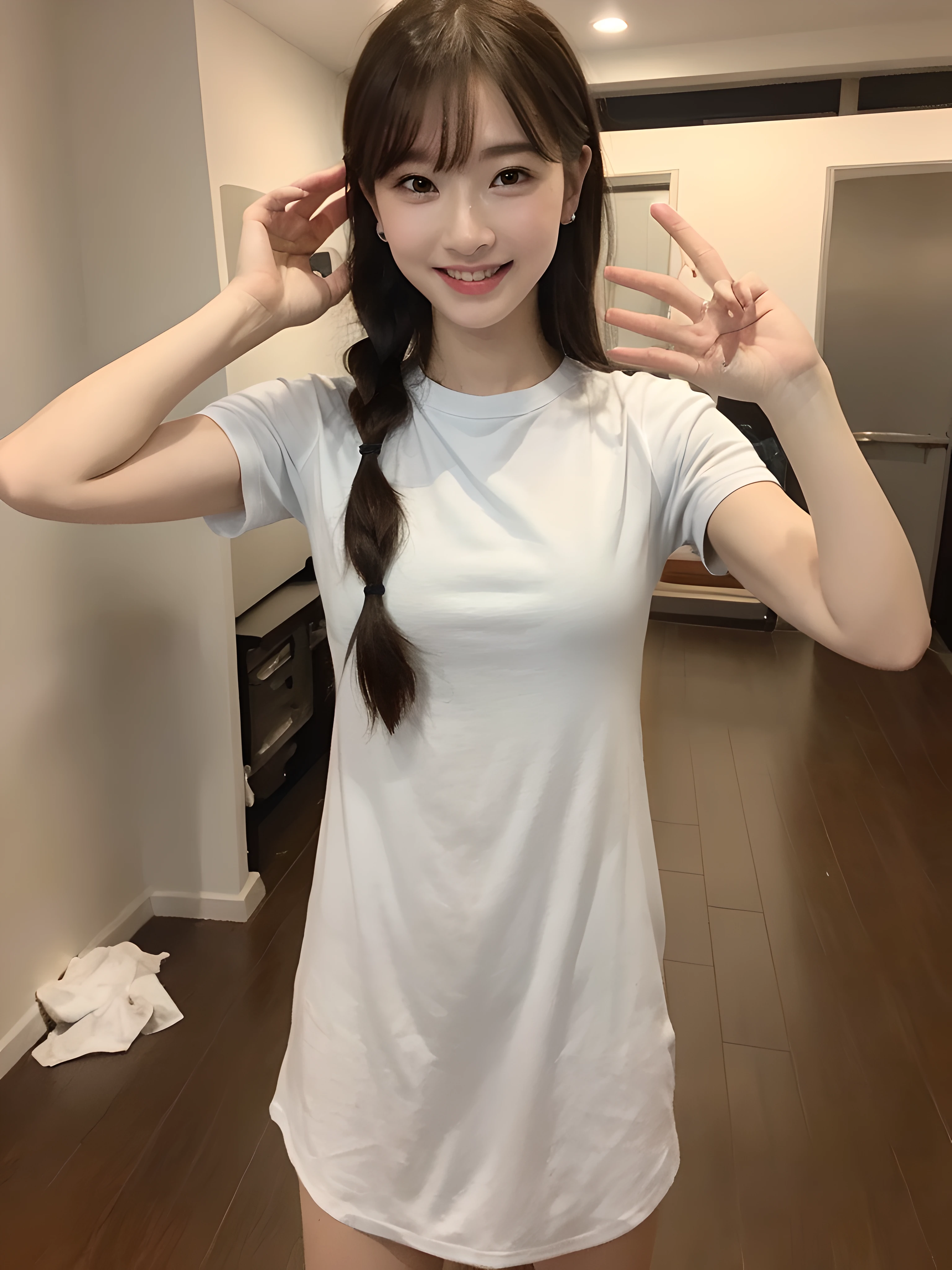 ((Best picture quality, 8K, tmasterpiece:1.3)), 1girll, Beautiful woman with slender abs:1.3, (Casual hairstyle, plumw:1.2), shift dresses:1.1, Ultra-fine face, A detailed eye, 二重まぶた,ssmile,Home