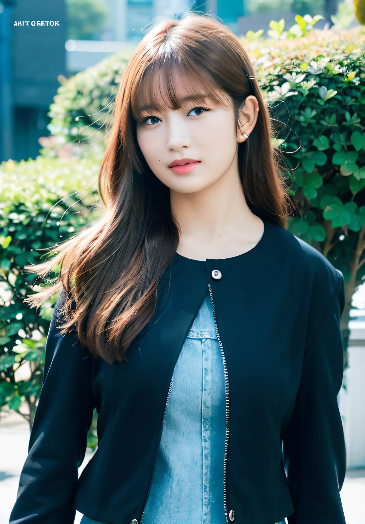 rei, portrait, looking at the viewer, black jacket, at the park, (photorealistic),