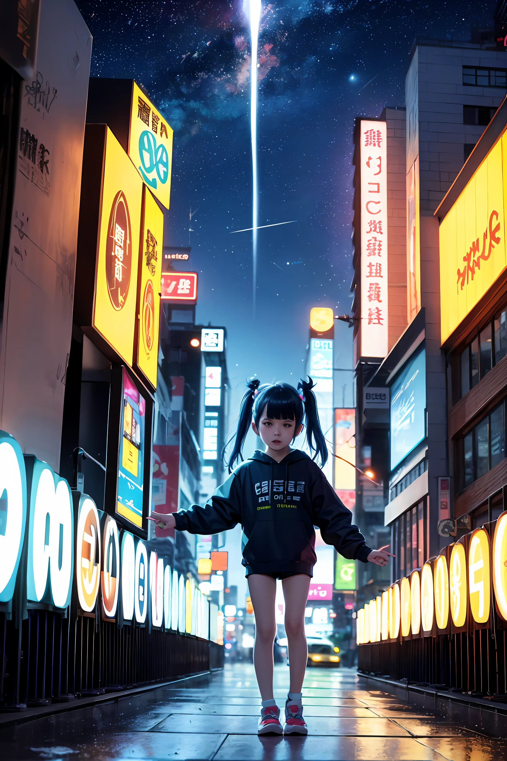 (Masterpiece), Best quality, 超高分辨率,, cyberpunk 1girl flying above stunning cityscape ,Hoodie,Blue hair,  neon color shooting stars, Very long hair, cropped shoulders, feathers hair ornament, Neon colors, twinkle, stunning night sky, Cinematic lighting, Photorealistic, Realistic skin, hdr,fish eye