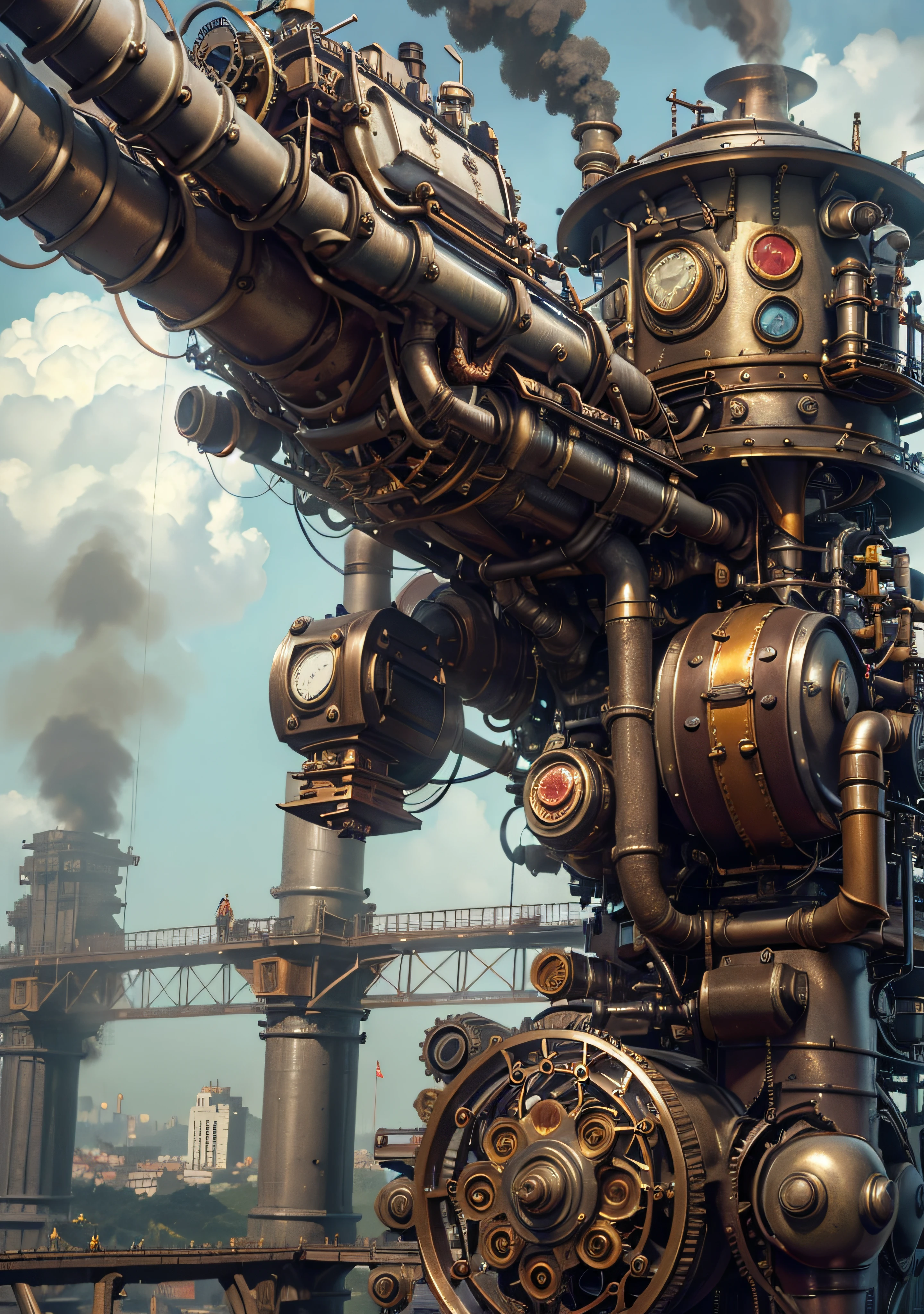 master part,melhor qualidade,fotorrealista,melhor sombra,delicado,...RAW,ultra high-resolution,Arte hiper-realista,gallery-grade work,Arte Oficial,wallpaper forced,64 mil,,ultra precise,visualmente impressionante,Obra-prima sublime,peak clarity,1 enorme cidade Steampunk,High-rise buildings covered by behemoth-like mechanical devices,show a scene of sharp contrast,Uma camada de nuvens subindo desordenadamente sobre a cidade,Huge steampunk buildings,The surface is covered with complex gears and mechanical devices,(eyesight,full view,corpo inteiro:1.2),(Nas paredes da cidade Steampunk,1 soldiers in strong mechanical armor.,Handheld Steam Gun,Guard the safety of the city:1.2),Steampunk,dirigible,Steam robot,