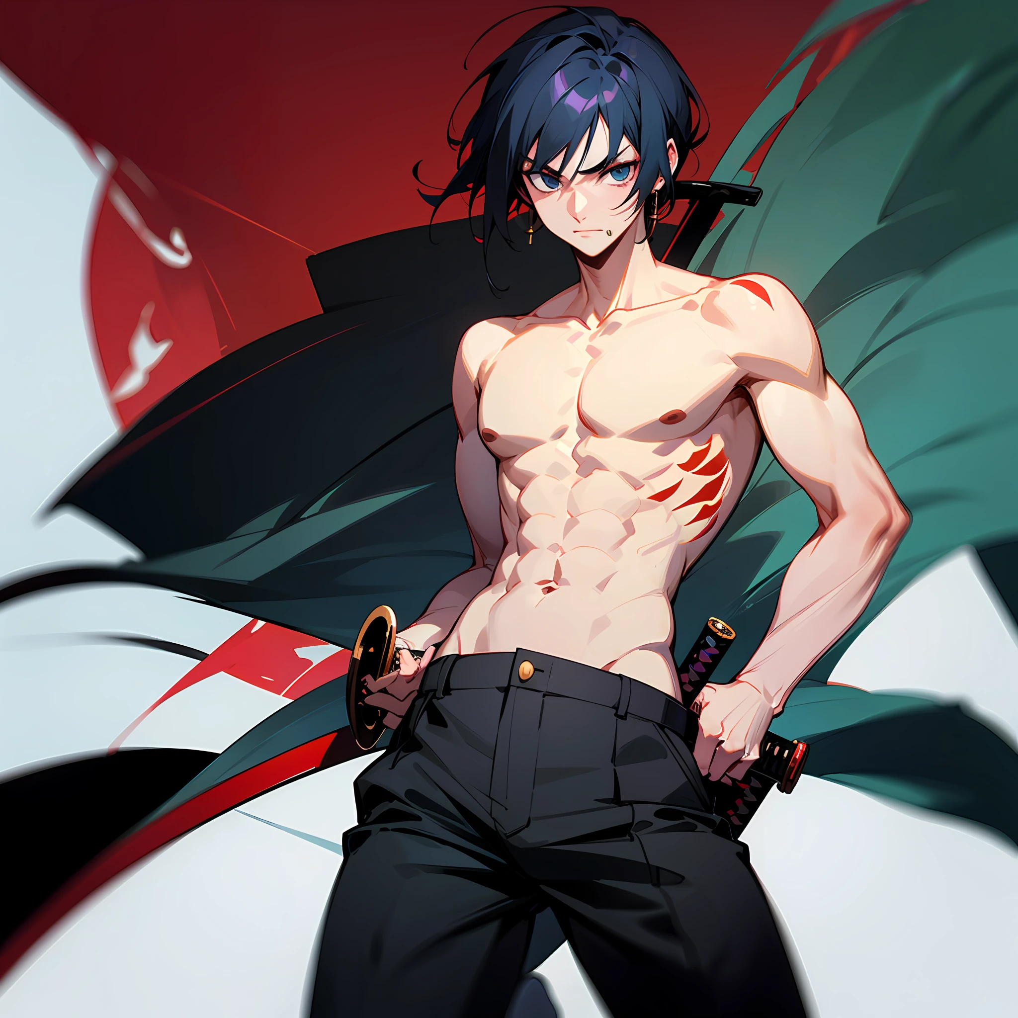 cool anime assassin shirtless guy with black pants and accessories with a katana sword --auto