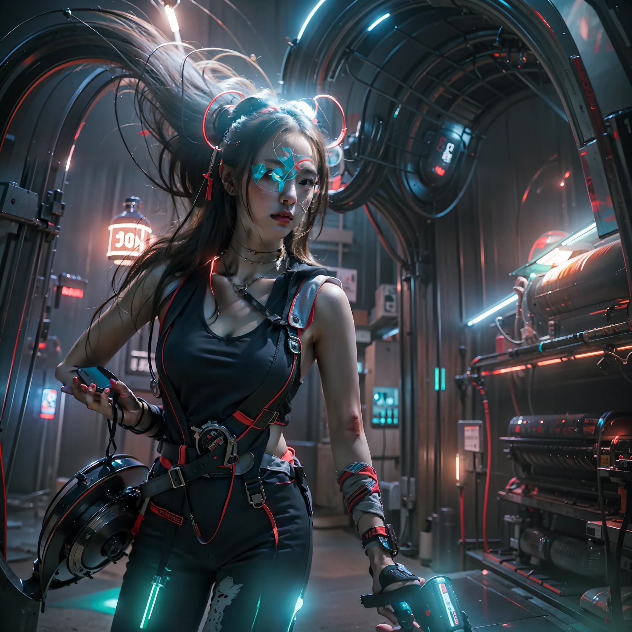 1female，Play，In the future，Cool lighting atmosphere