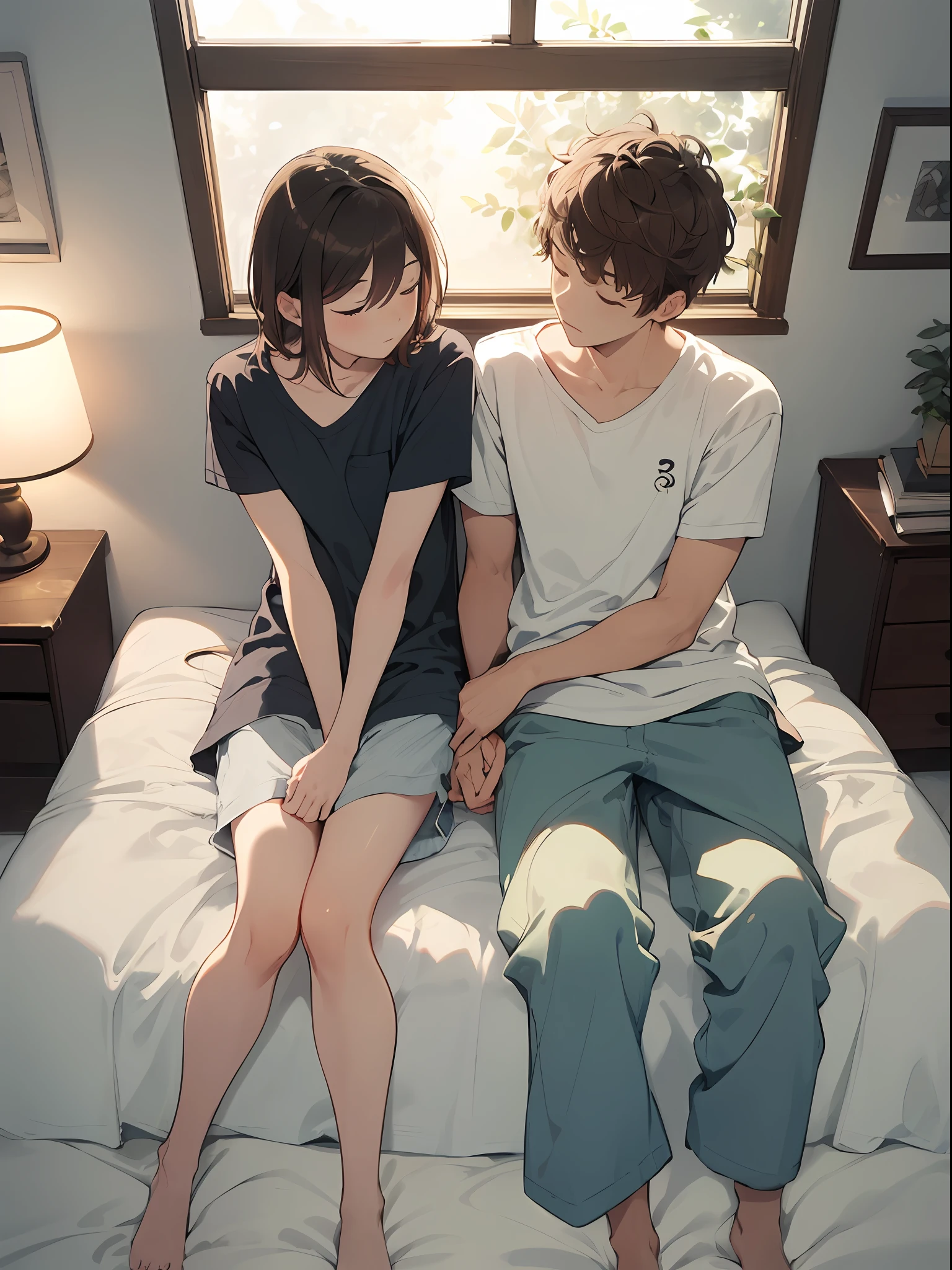 Dimly lit room, two 30 year old men, mature, tall, cool mousy brown hair, casual loungewear, sleeping together in a small bed. Composition: looking down from above, about to fall out of bed. Their arms and legs are touching each other. (Dimly lit bedroom on a summer night). Extremely high quality, high image quality, extremely delicate drawing