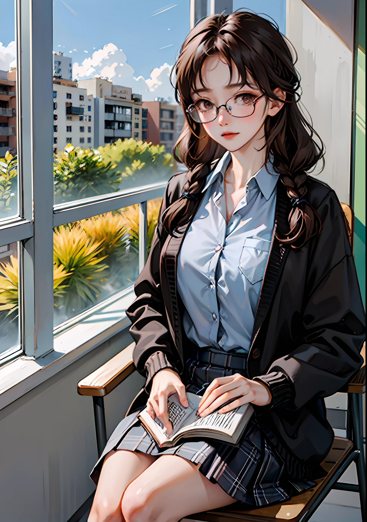 （8K，RAW photos，High light sensitivity，best qualtiy，Very delicate hair，tmasterpiece，超高分辨率，Fidelity：1.25）kr-pny，thin frame glasses，frontage，Double up braid，partedbangs，1girll，校服，Dark gray cardigan jacket，Dark gray blazer，pleatedskirt，Plaid skirts，brown  hair，huge tit，round frame glasses，looking at book，Shy and quiet girl，view from long distance，Hold the book，high school classroom