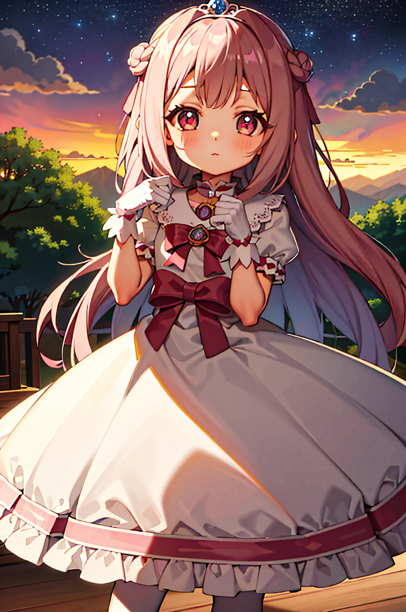 （（tmasterpiece））， （（Super quality）），1girll，Cute ***********，fully body photo，cowboy lens，Cute big eyes，Pink princess dress， tiara crown， royal robe， White gloves，Bow knot，独奏，a beauty girl，starrysky，castle background，Ground reflection