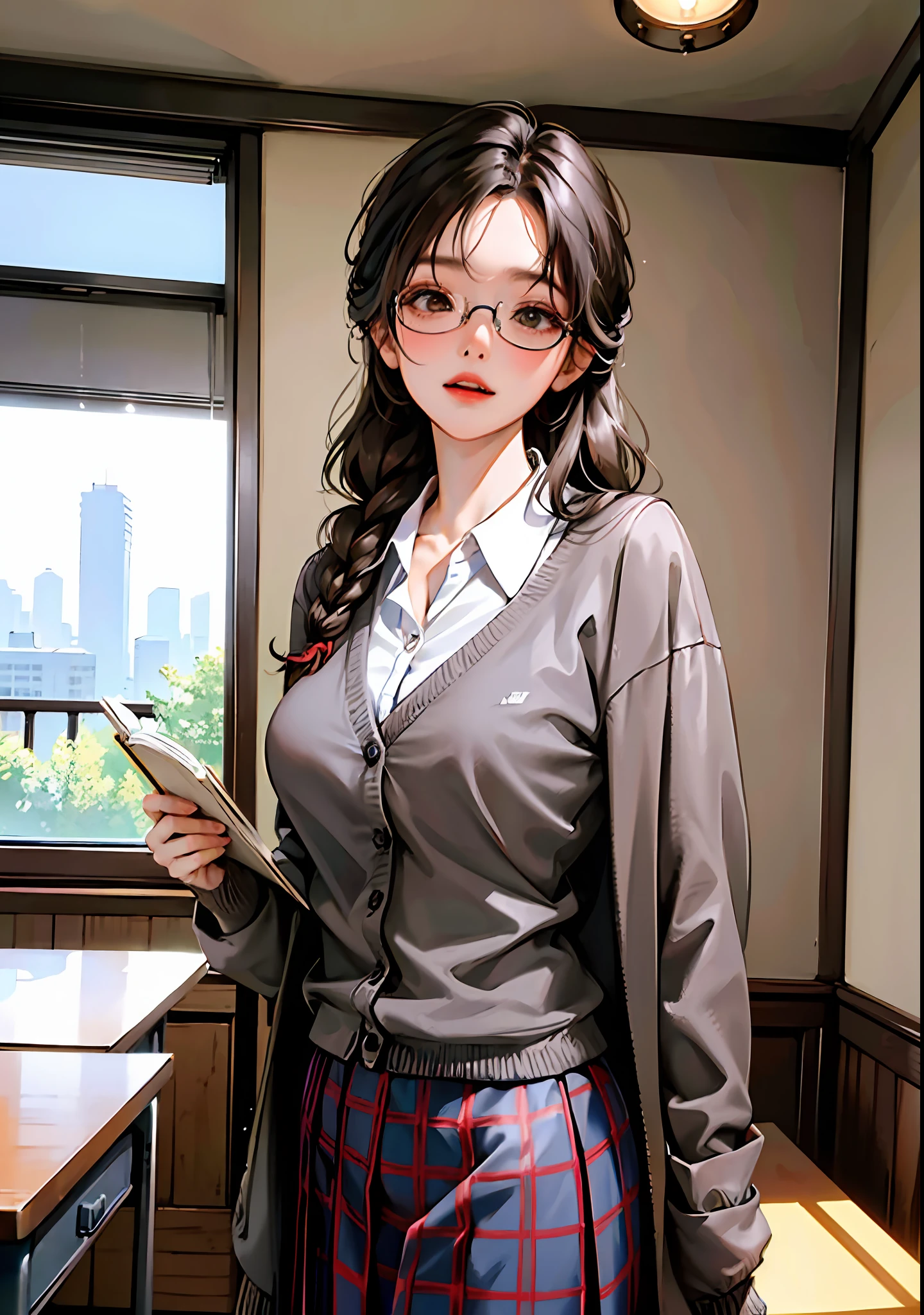 （8K，RAW photos，High light sensitivity，best qualtiy，Very delicate hair，tmasterpiece，超高分辨率，Fidelity：1.25）kr-pny，thin frame glasses，frontage，Double up braid，partedbangs，1girll，校服，Dark gray cardigan jacket，Dark gray blazer，pleatedskirt，Plaid skirts，brown  hair，huge tit，round frame glasses，looking at book，Shy and quiet girl，view from long distance，Hold the book，high school classroom