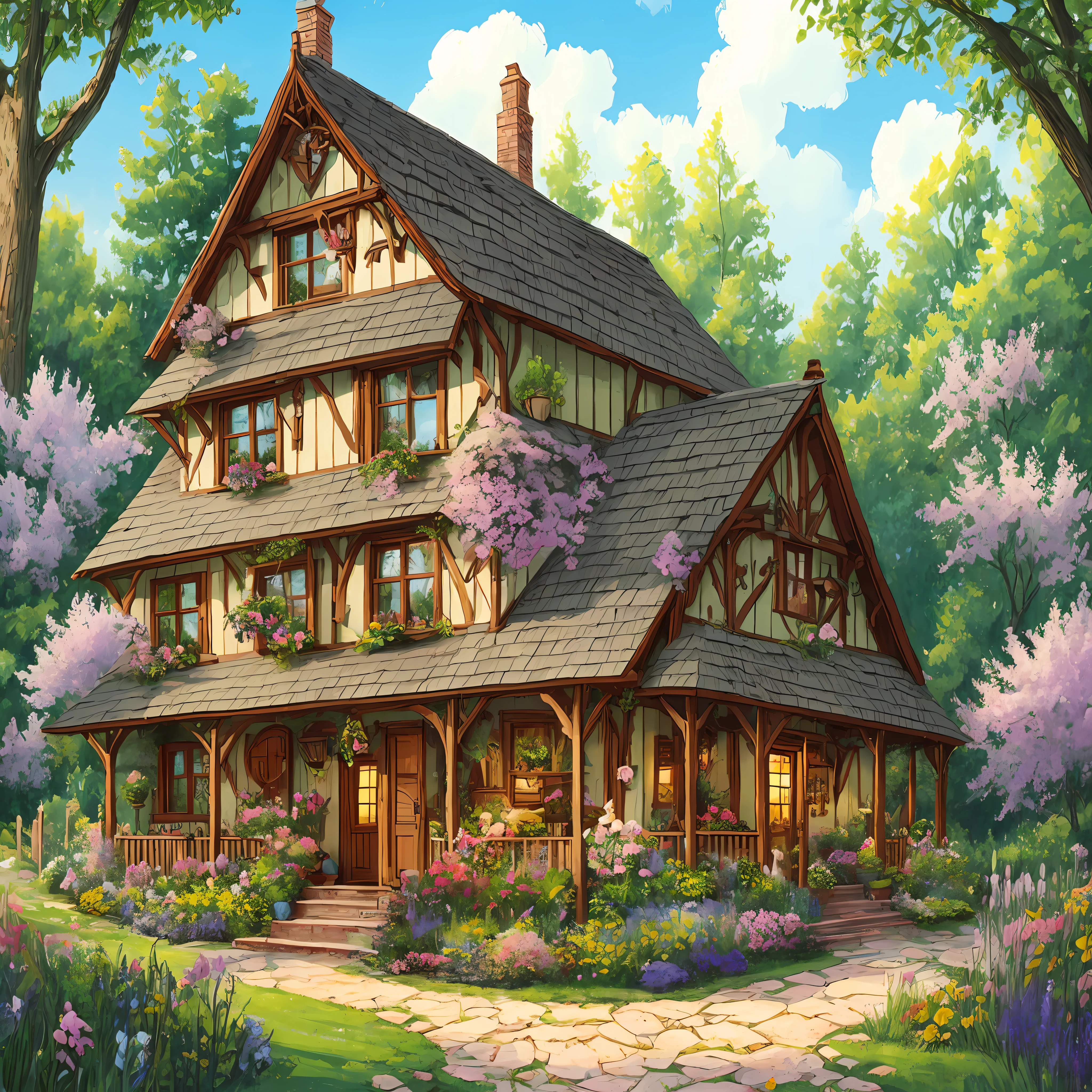 Whimsical cottage core magical cottage house surrounded by magical garden flowers, high quality, 8k --auto