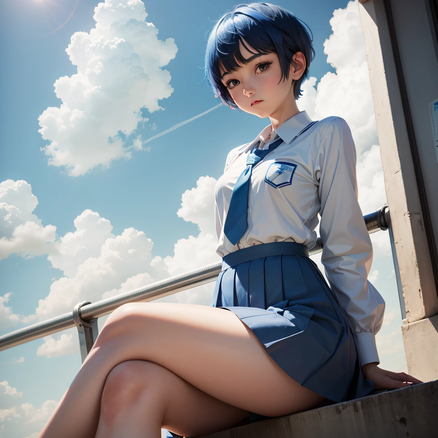 A girl in a short blue hair school uniform sits on a cloud in the sky --auto