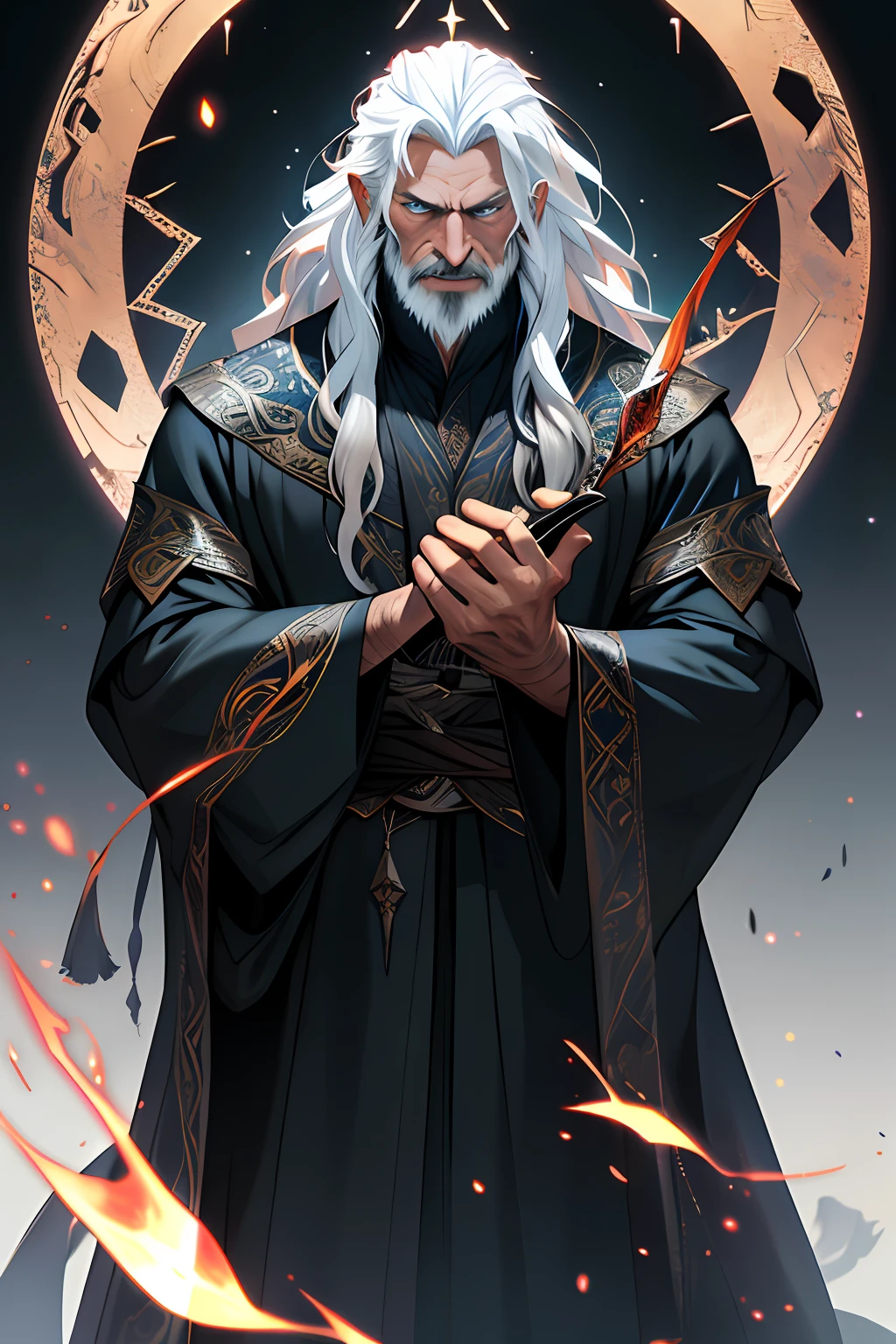 Best quality, masterpiece, wizard spell caster, ultra high res,detailed background,realistic,hadesstyle,solo,male,mature,bara,mature male,long white hair,facial hair, \(theme\),dark fantasy,evil,depth of field