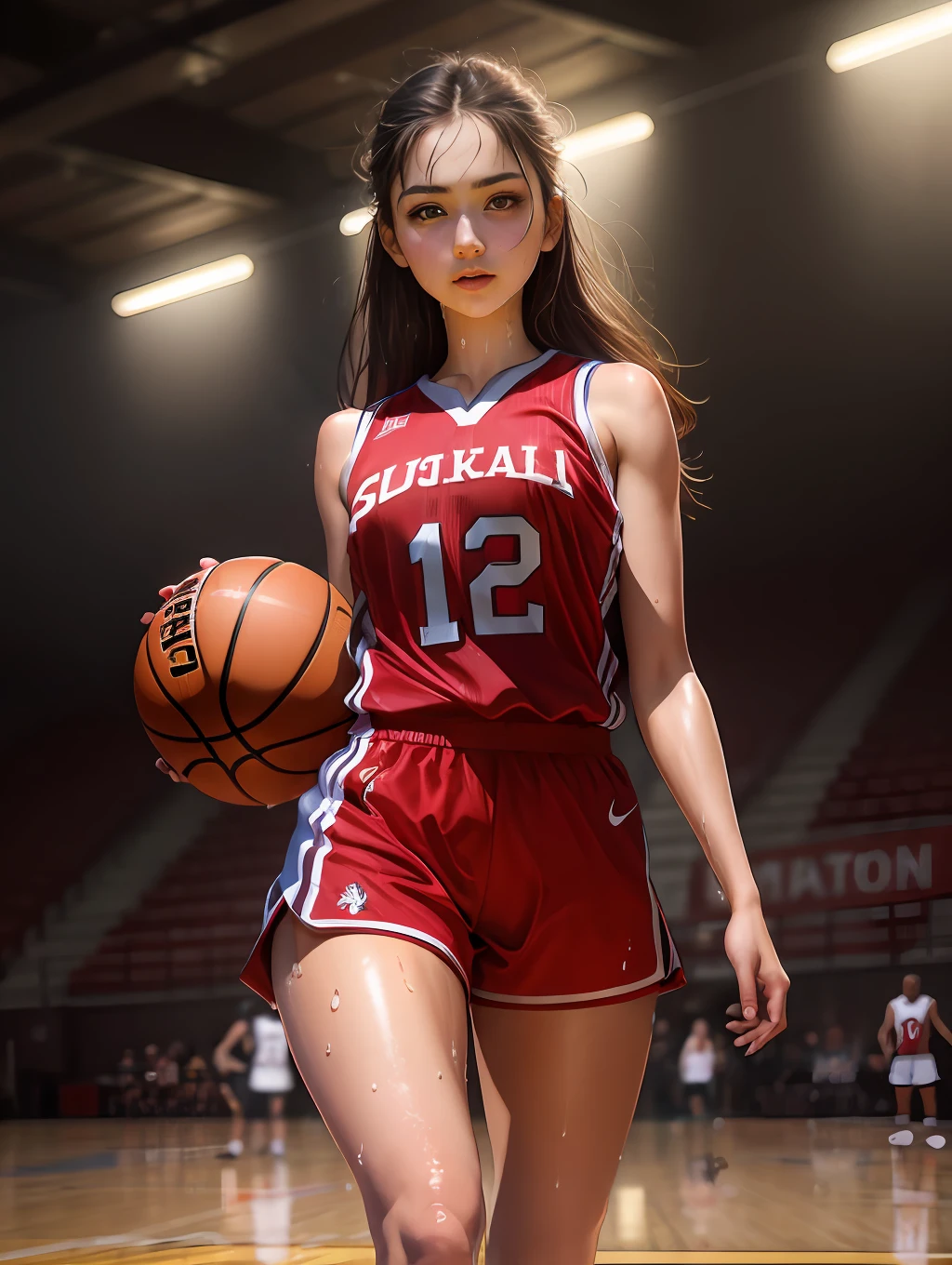 ((masterpiece)),((high resolution)), dramatic lighting, sharp focus, 16k uhd,
super realistic illustlation,1beautiful girl,basketball uniform,teenage girl,small face,large breasts, narrow waist,nice legs,wet skins sweat,in basketball venue,frombelow
