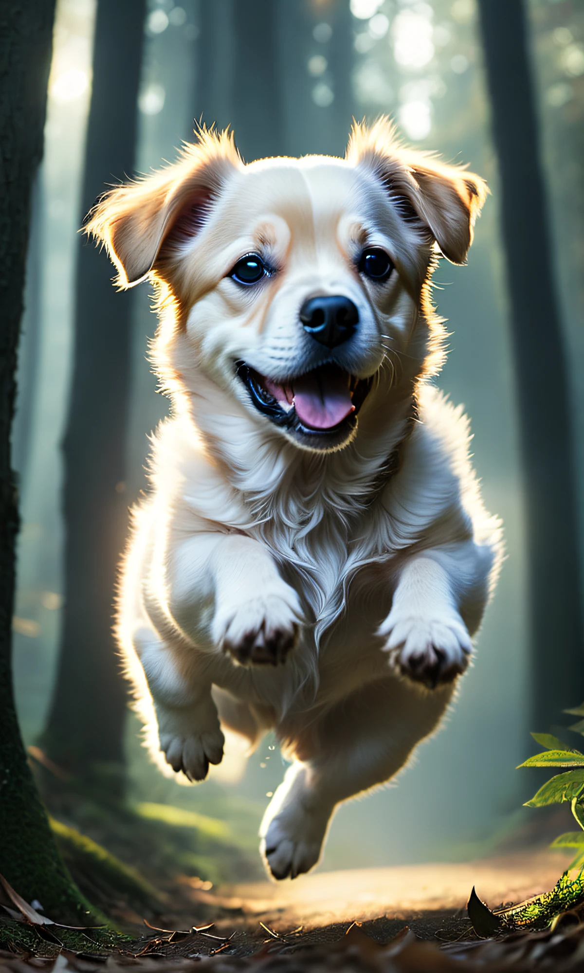 close up photo of a very cute jumping puppy in the forest, soft volumetric lights, (backlit:1.3), (cinematic:1.2), intricate details, (ArtStation:1.3), Rutkowski