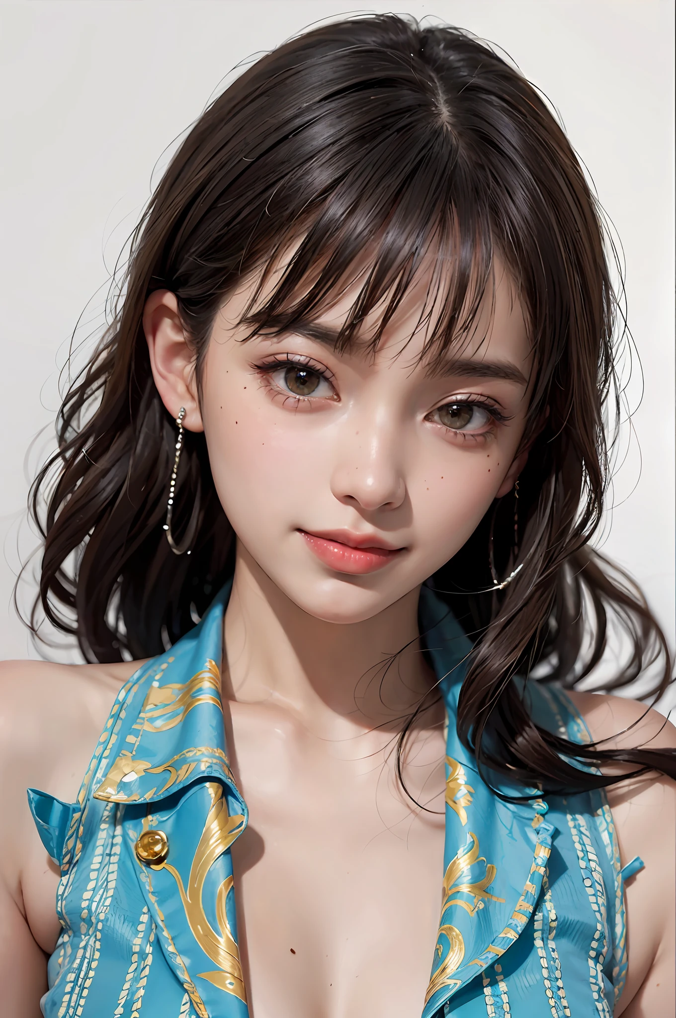 SeaArt Bot Variations 13:44:05 ((Masterpiece, Best Quality, High Definition)), 1 Girl, (Photorealistic: 1.4), Solo, White Background, Pure White Background, Mouth Closed, Happy Smile, Happy Smile, Pretty Black Hair, Short Hair, Big Eyes, Clear Double Eyelids, Eyelashes, Ears Out, Long Neck, Absolute Area, Skirt, ((Face Close-Up) ), (draw all head, shoulders), 19 years old, attractive proportions, shiny skin, clean collarbone, face in golden proportions, perfect face, tearful mole, mole on chest, bangs, clean bangs, lip gloss, thin lips, white skin, naked, big breasts