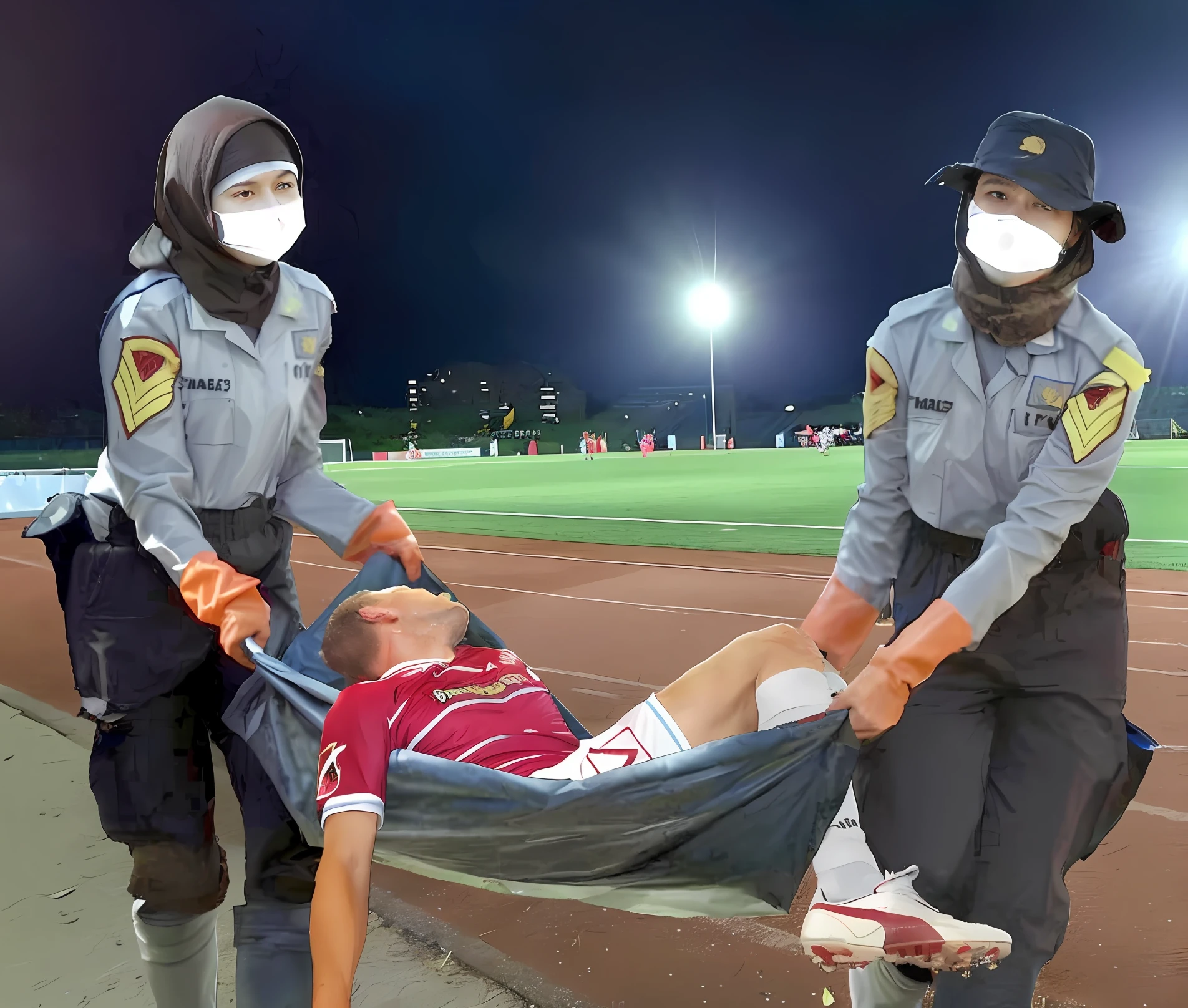 a soccer scene in a chinese sports stadium, an injured soccer player is being transported in a tarpaulin, an injured soccer player is lying in a tarpaulin with lots of pain and is transported out of tge stadium, rainy weather, wet ground, rainfall, injury scene in a sports stadium, tarpaulin-stretcher carry, there are two asian female medics in wet raincoats who are carrying a wet rubber-tarpaulin, there are two female medics in wet raincoats who are carrying a wet tarpaulin with an injured soccer player lying in it in a rainy sports stadium, there is a wounded male soccer player in a matte short cotton sports outfit lying in the tarpaulin, an injured male soccer player is lying on his back in a tarpaulin and is rearing up in agony, a soccer player is rearing up in pain while lying on his back on a stretcher, dramatic scene, theatralic posing scene, dramatic pity scene, injury soccer, first aid, help, pity, there are four female medics in shiny raincoats who are looking very sad and very terrified and very shocked, the injured soccer player is screaming out in pain while he is carried from the pitch on a stetcher through the rain