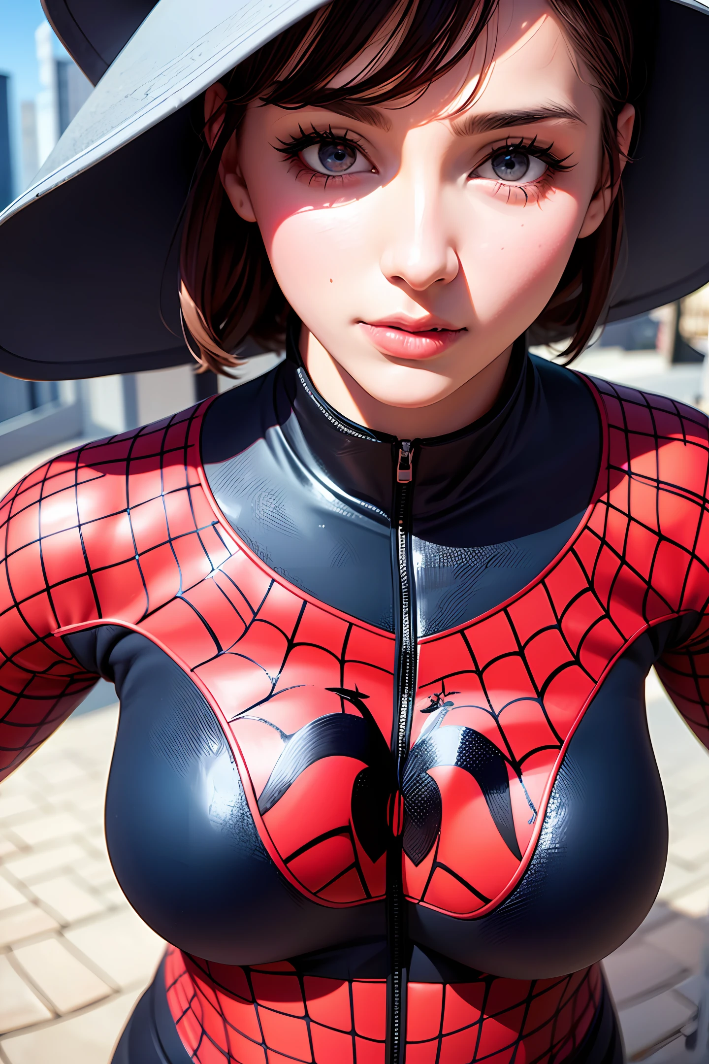 (1girl:1.3), Solo, (((Very detailed face)))), ((Very detailed eyes and face)))), Beautiful detail eyes, Body parts__, Official art, Unified 8k wallpaper, Super detailed, beautiful and beautiful, beautiful, masterpiece, best quality, original, masterpiece, super fine photo, best quality, super high resolution, realistic realism, sunlight, full body portrait, amazing beauty, dynamic pose, delicate face, vibrant eyes, (from the front), She wears Spider-Man suit, red and black color scheme, spider, very detailed city roof background, rooftop, overlooking the city, detailed face, detailed complex busy background, messy, gorgeous, milky white, highly detailed skin, realistic skin details, visible pores, clear focus, volumetric fog, 8k uhd, DSLR, high quality, film grain, fair skin, photo realism, lomography, futuristic dystopian megalopolis, translucent