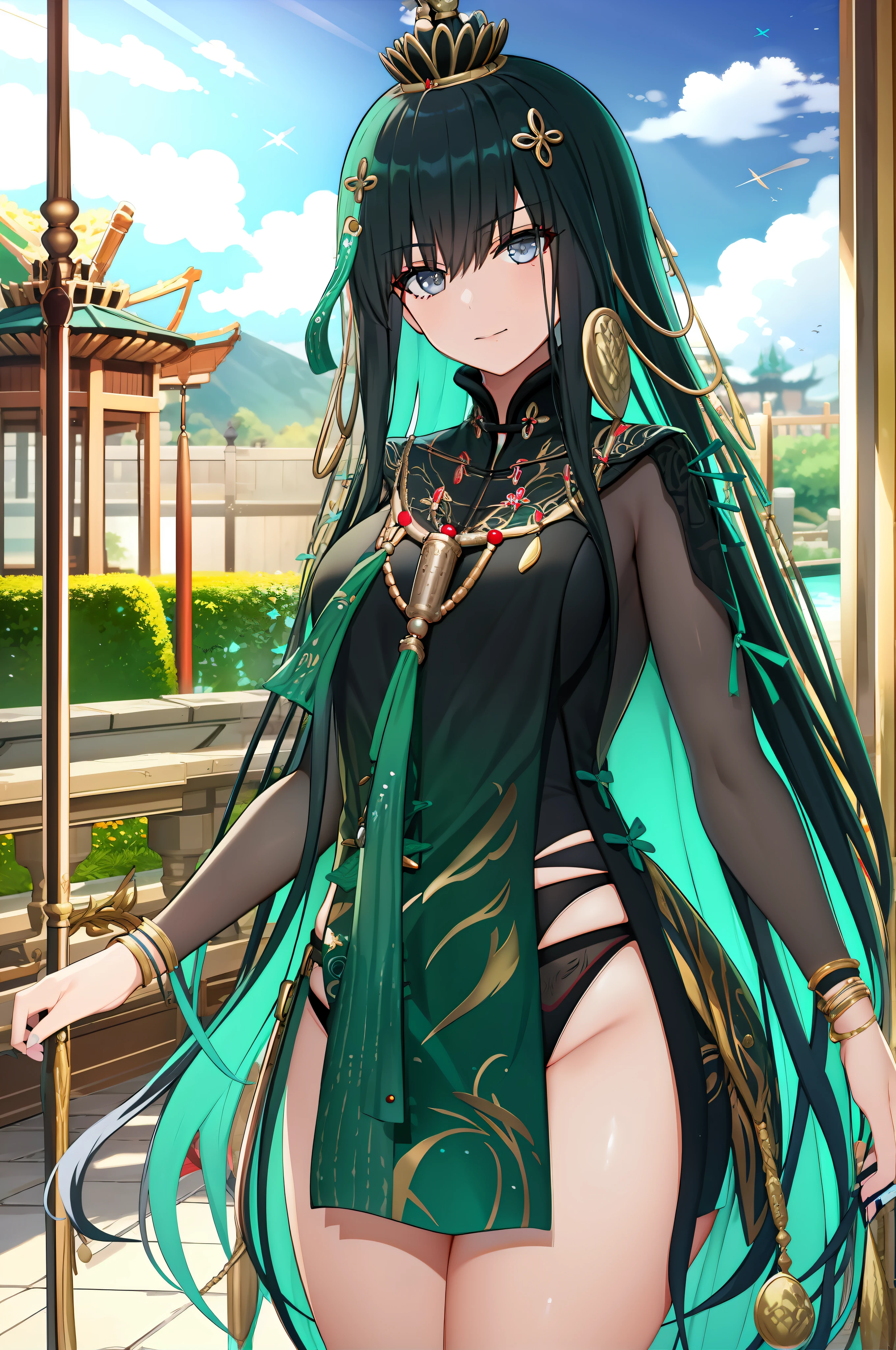 hight resolution,official arts,Masterpiece,Best Quality,
1girl,slight smile,garden,Standing, 
Average Breasts,,mature female,
tome, Chinese dress,
