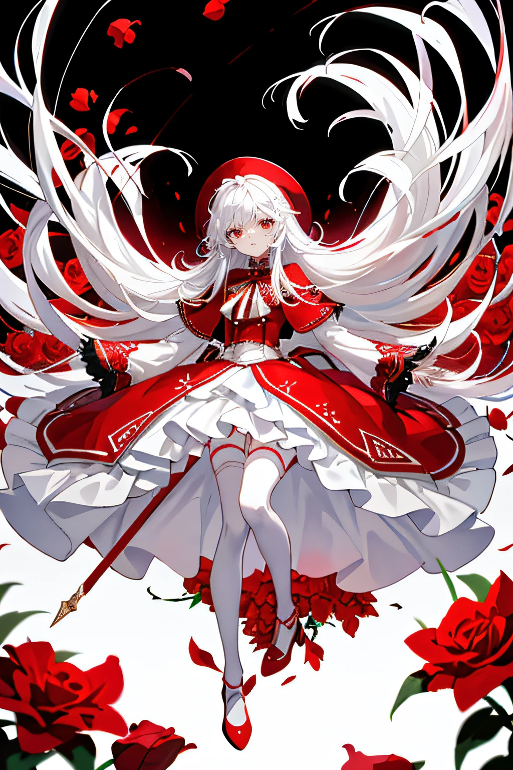 tmasterpiece,top Quority,best qualtiy),Kizi,long white hair,bloods,A sea of red flowers,Red and white dress,white stockings,Red leather shoes
