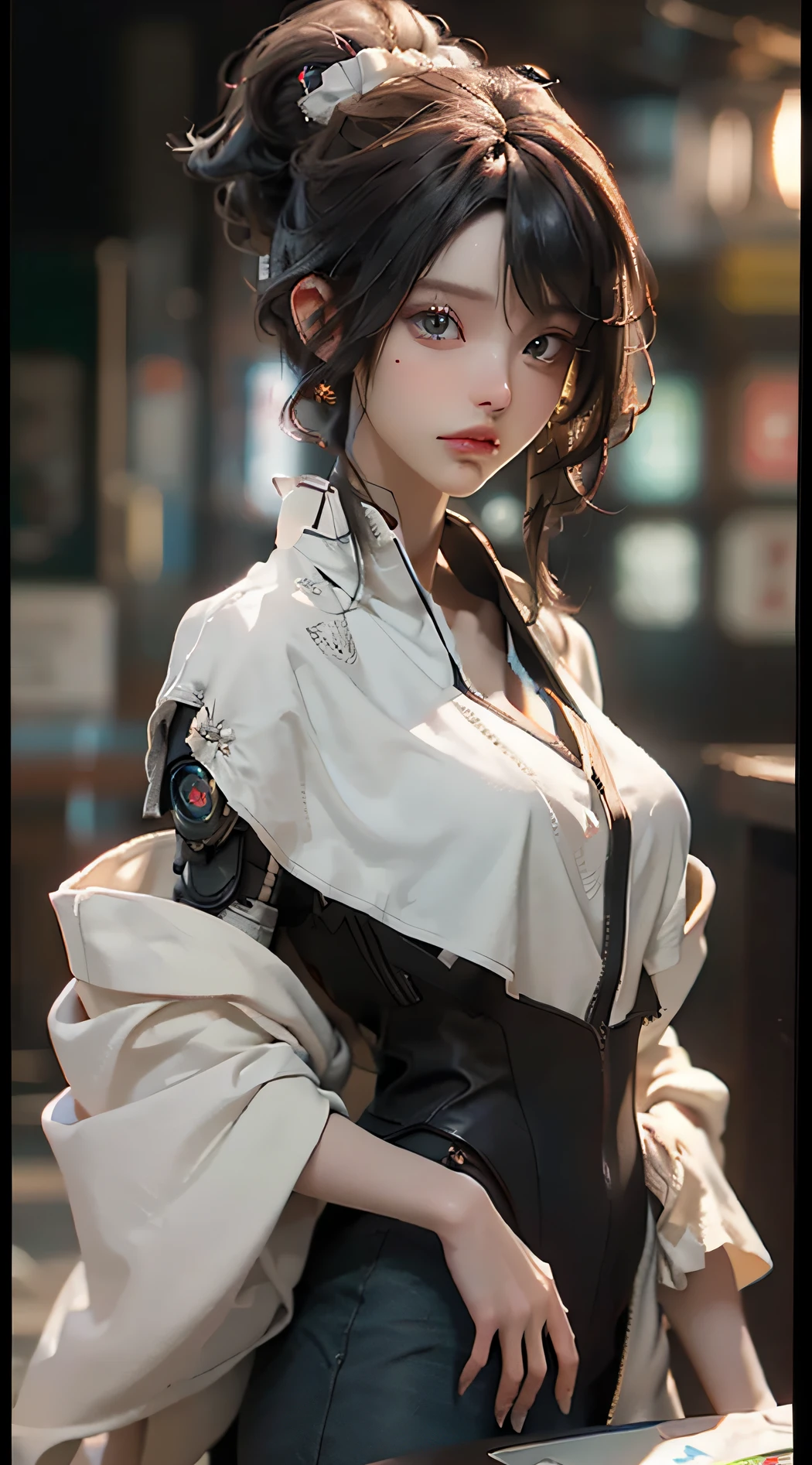 ((Best quality)), ((masterpiece)), (detailed:1.4), 3D, an image of a beautiful cyberpunk female,HDR (High Dynamic Range),Ray Tracing,NVIDIA RTX,Super-Resolution,Unreal 5,Subsurface scattering,PBR Texturing,Post-processing,Anisotropic Filtering,Depth-of-field,Maximum clarity and sharpness,Multi-layered textures,Albedo and Specular maps,Surface shading,Accurate simulation of light-material interaction,Perfect proportions,Octane Render,Two-tone lighting,Wide aperture,Low ISO,White balance,Rule of thirds,8K RAW,