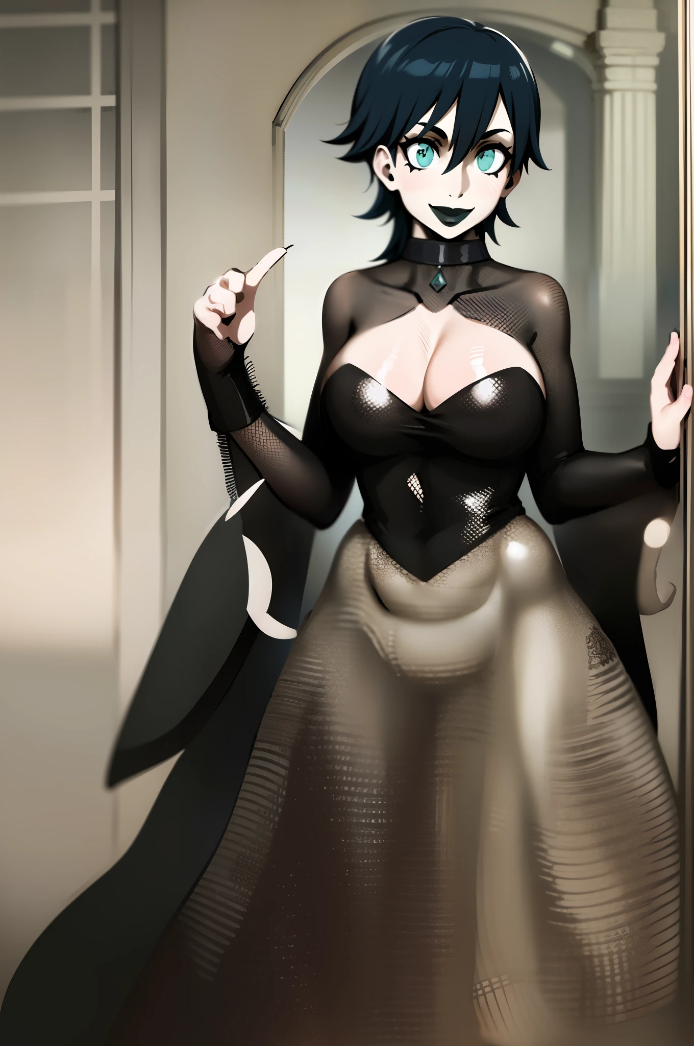 Cheveux courts, robe longue, chiffons noirs, tomboy, cheveux noirs, maquillage, Goth, verre,sein moyen, christian, Croix latine, seul, woods, full clothed, victorian cloths, Jupe longue, marche, portait, corps entier, black lips, smile