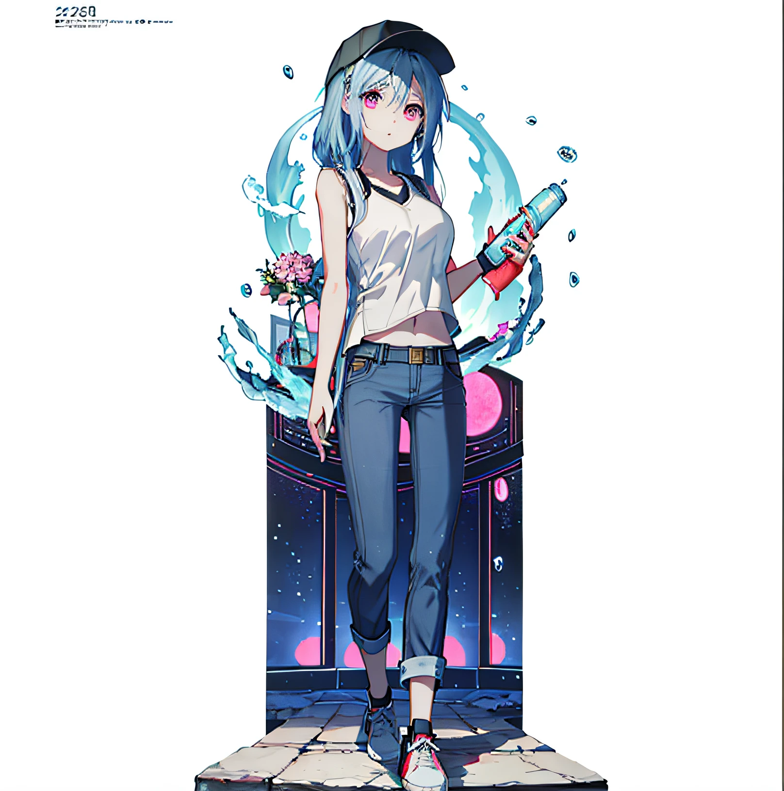 1 girl,White and tender skin,Blue hair,long whitr hair,largeeyes,There is light in the eyes,Perfect figure,prette,White baseball cap,whitet-shirt,in pink,peaches,shorter pants,denim short,Holding a drink bottle in his hand,pulsating,Eau,stood in the water,water,water bloom,8K,poster for,MagazineCover